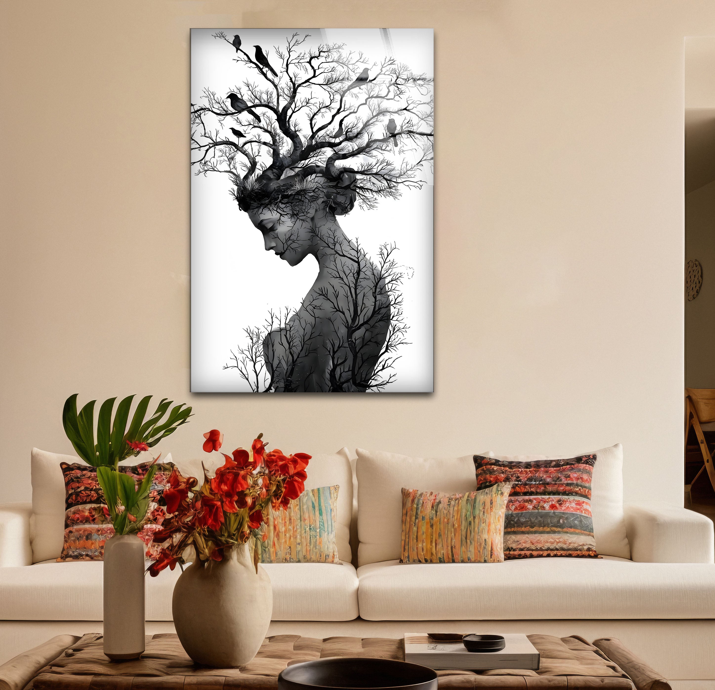 Black and White Mother Nature Glass Wall Art - Elegant Nature-Inspired Home Decor for Living Room, Bedroom & Office