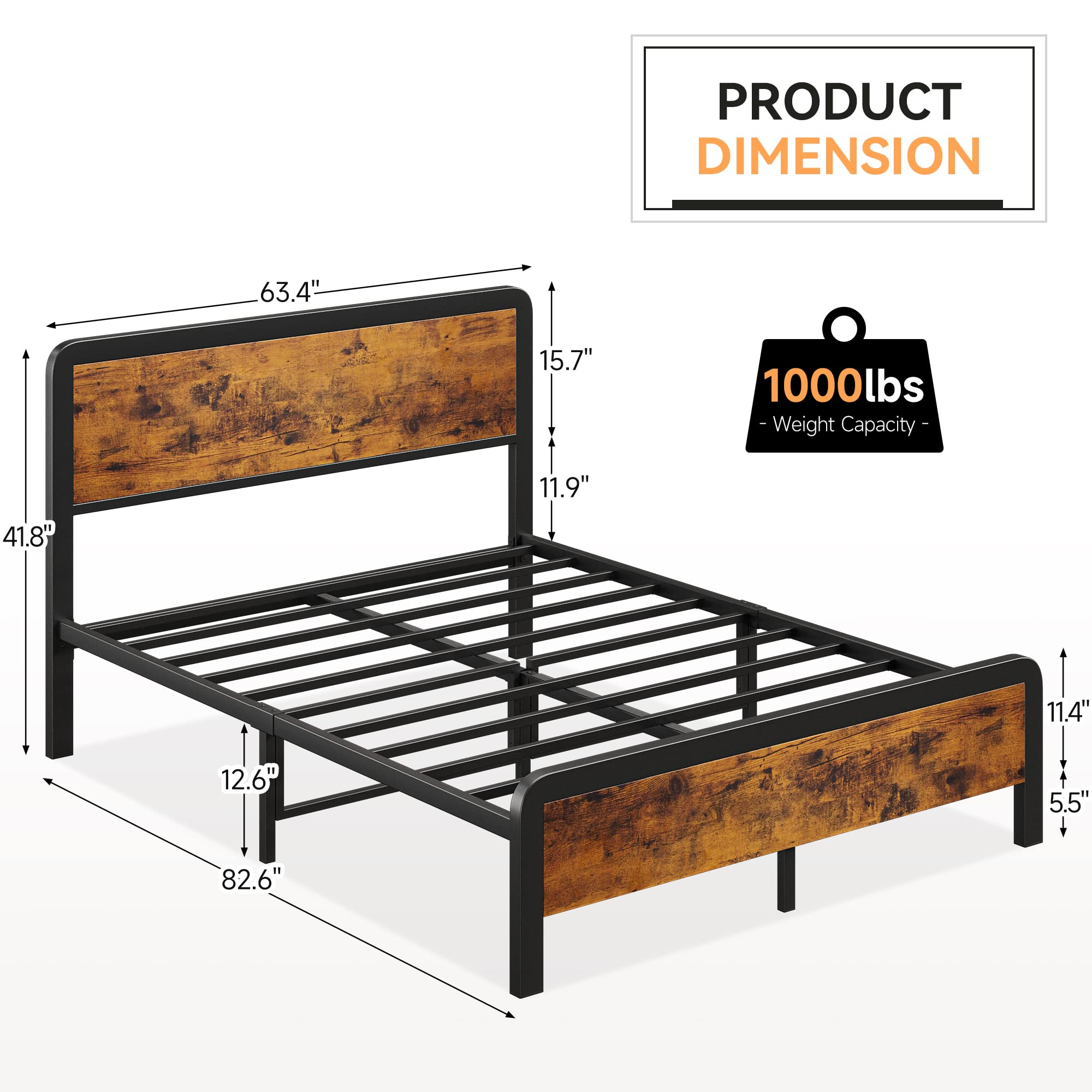Queen Size Bed Frame with 2 Nightstands - Sturdy Platform Bed with Rounded Corners & Built-in USB Charging Stations - Complete Bedroom Furniture Set for Master Bedroom, Guest Room or Apartment