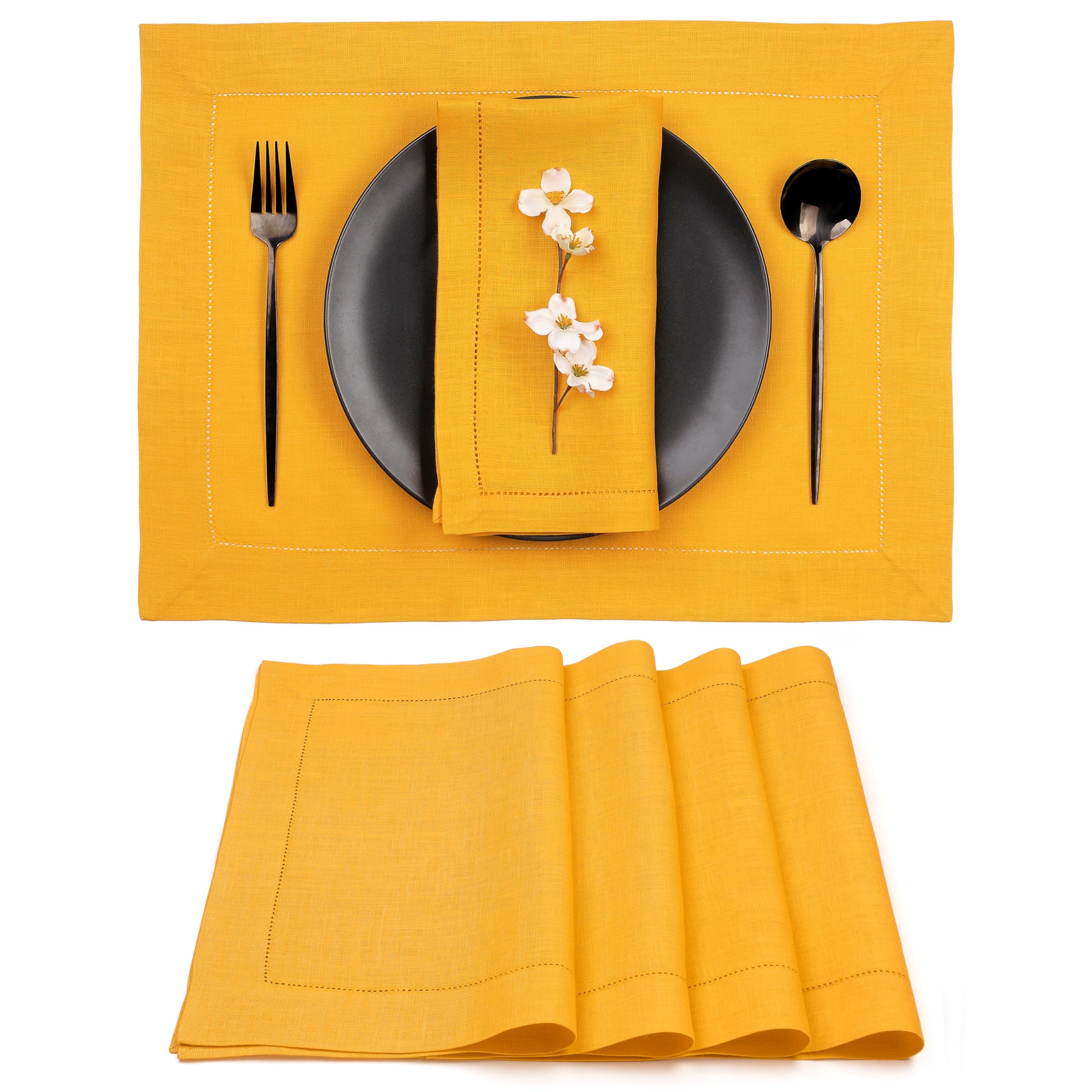 D'Moksha Homes 100% Pure Linen Placemats Set of 4 - Sunflower Yellow 14x19 Inch Table Mats with Classic Hemstitch, Washable & Durable for Easter, Spring Dining, Kitchen Decor, and Party Table Setting