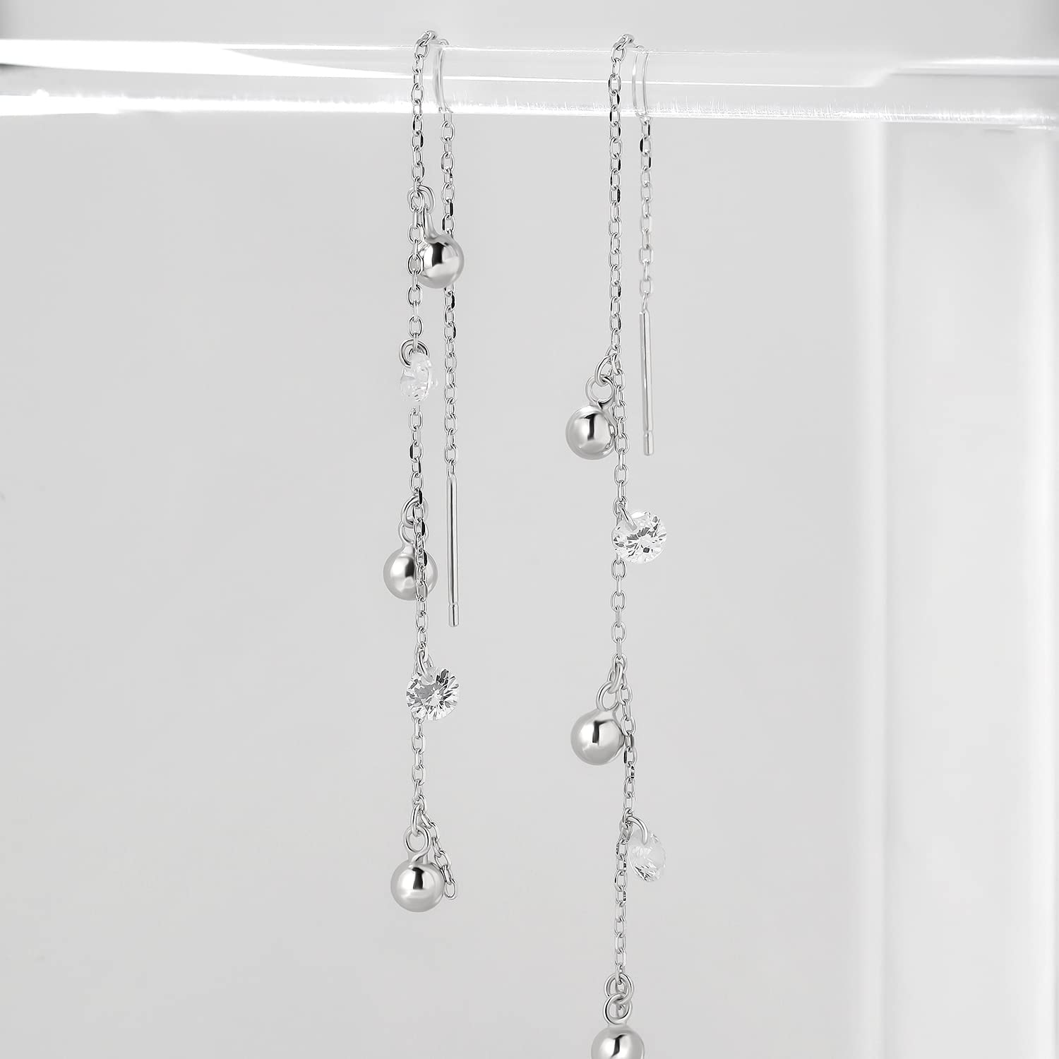 925 Sterling Silver Diamond Ball Threader Earrings for Women - Elegant Dangle Drop Earrings for Wedding, Bridal, Party & Everyday Wear (Silver)