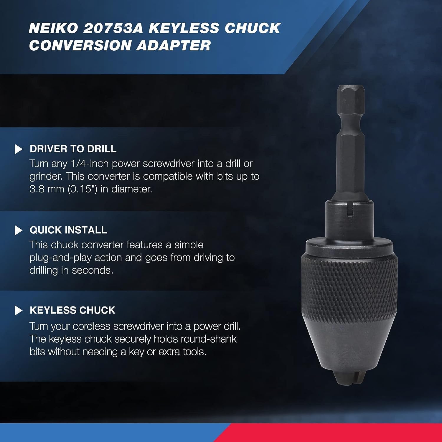 NEIKO 20753A Keyless Drill Chuck Adapter for Impact Driver | 1/4