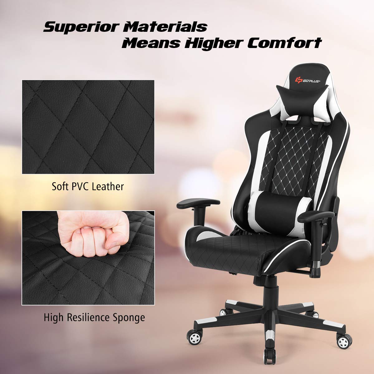 POWERSTONE Ergonomic Gaming Chair with Adjustable Armrests, Massage Lumbar Support & Wide Seat Cushion - Reclining Office Computer Chair for Adults - Perfect for Gaming, Working & Home Office (White)