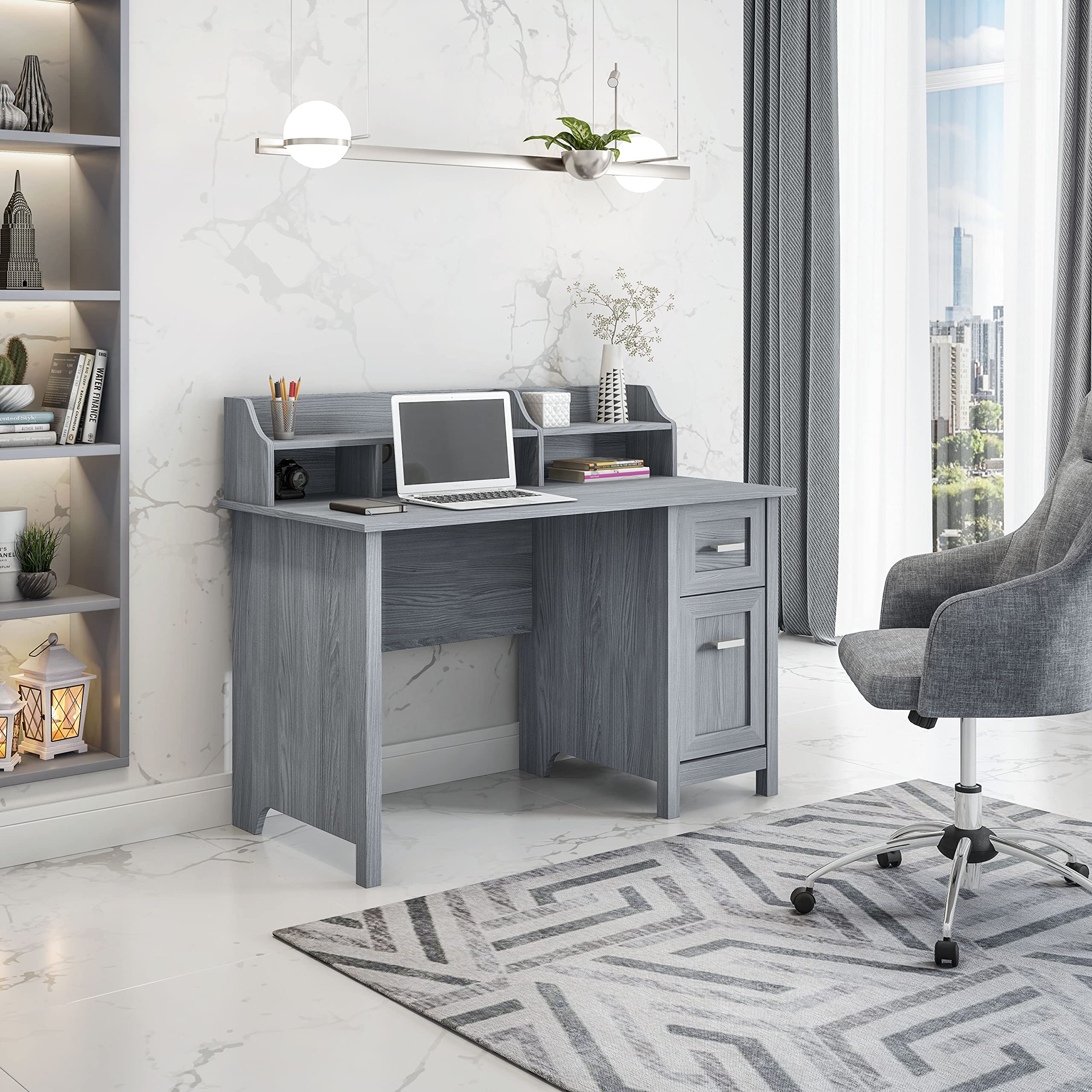 Techni Mobili Classic Office Storage Writing Desk - Grey, Modern Computer Desk with Drawers for Home Office, Study & Workspace Organization