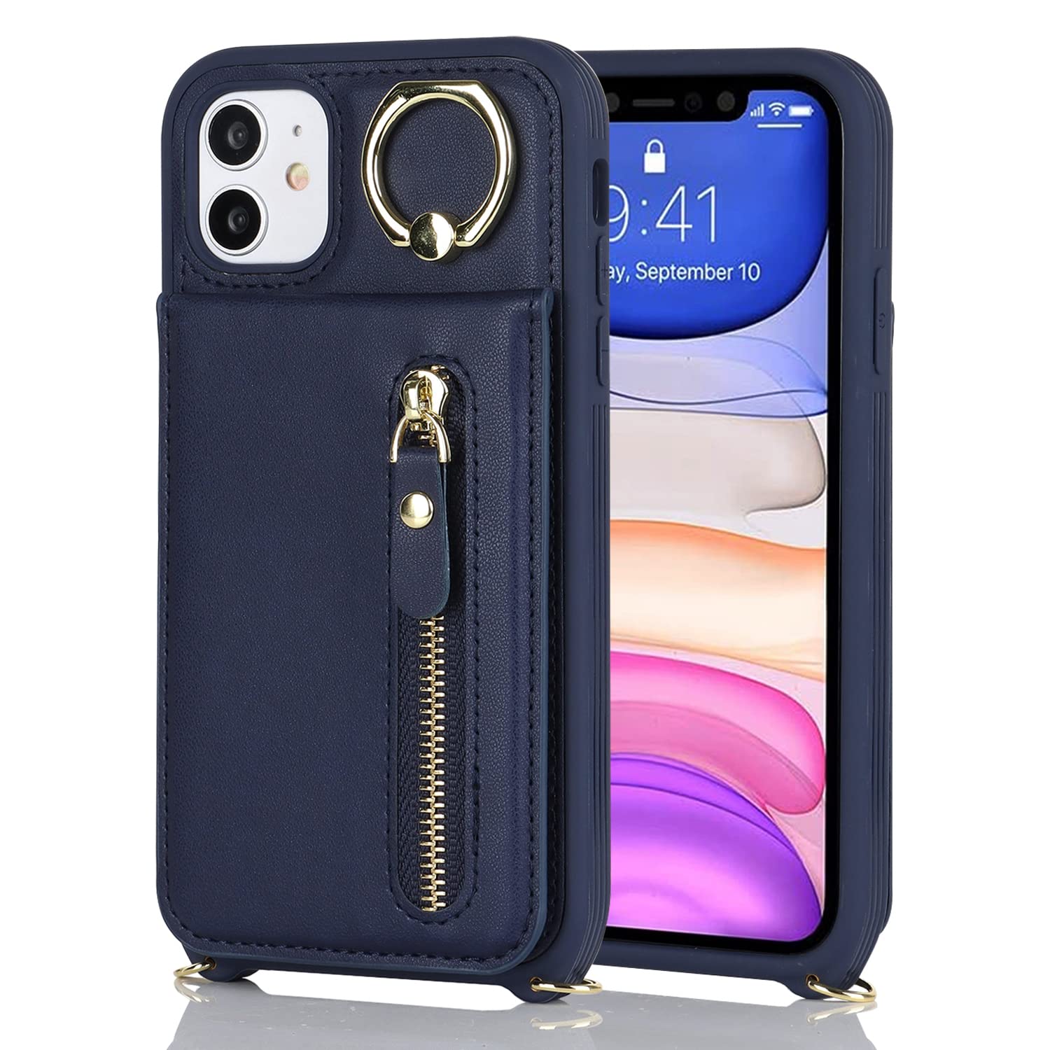 Premium Shockproof iPhone 11 Case with Card Holder & Wrist Strap - Wallet Phone Case with Kickstand, Zipper Closure & Credit Card Slots (Blue) | Perfect for Women's Everyday Use, Travel & Hands-Free Convenience
