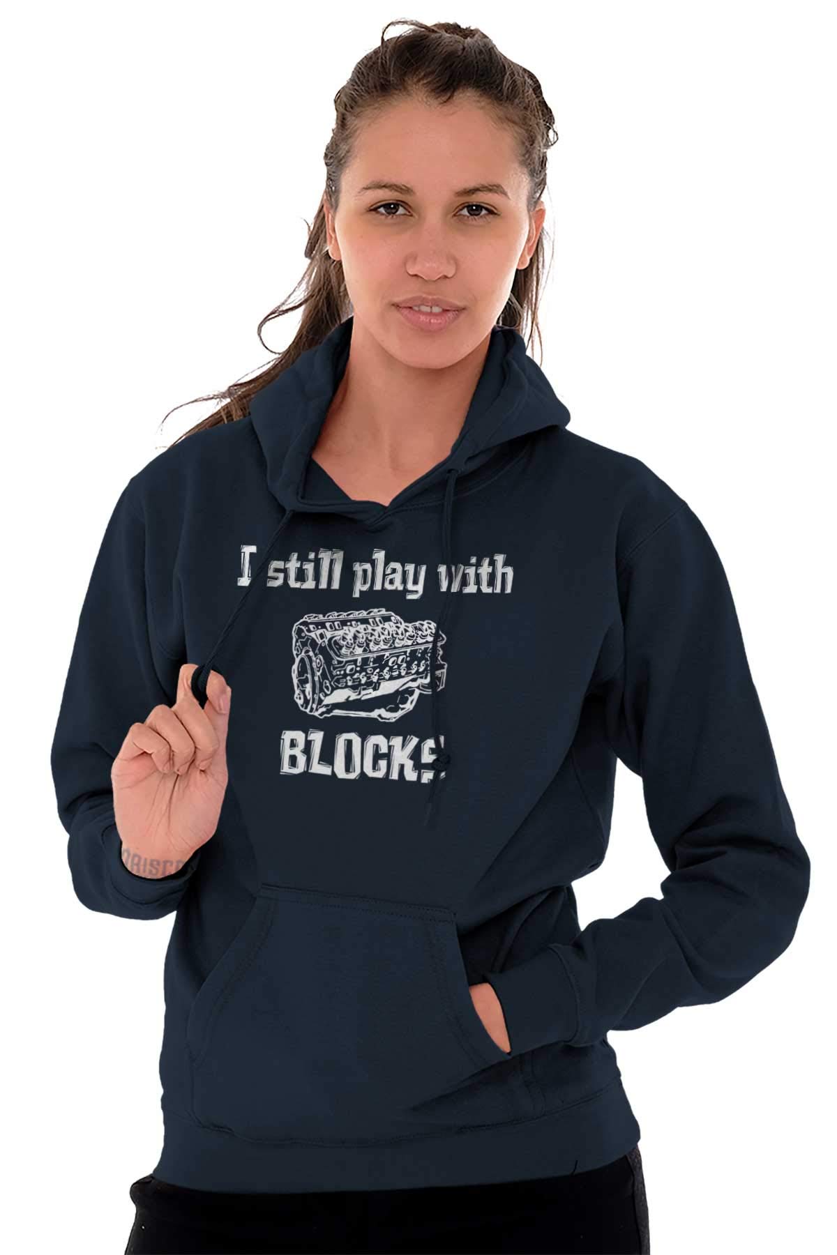 Brisco Brands Play With Blocks Car Engine Mechanic Hoodie - Unisex Pullover Sweatshirt for Men & Women - Perfect for Auto Enthusiasts, Mechanics, and Casual Wear