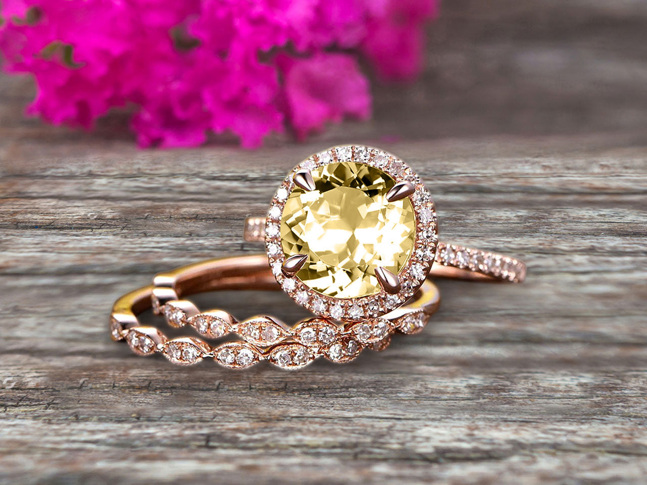 14K Rose Gold 2 Carat Round Cut Champagne Diamond Moissanite Trio Set Engagement Ring with Halo - Stackable Matching Wedding Band Set for Proposal, Anniversary & Bridal Jewelry