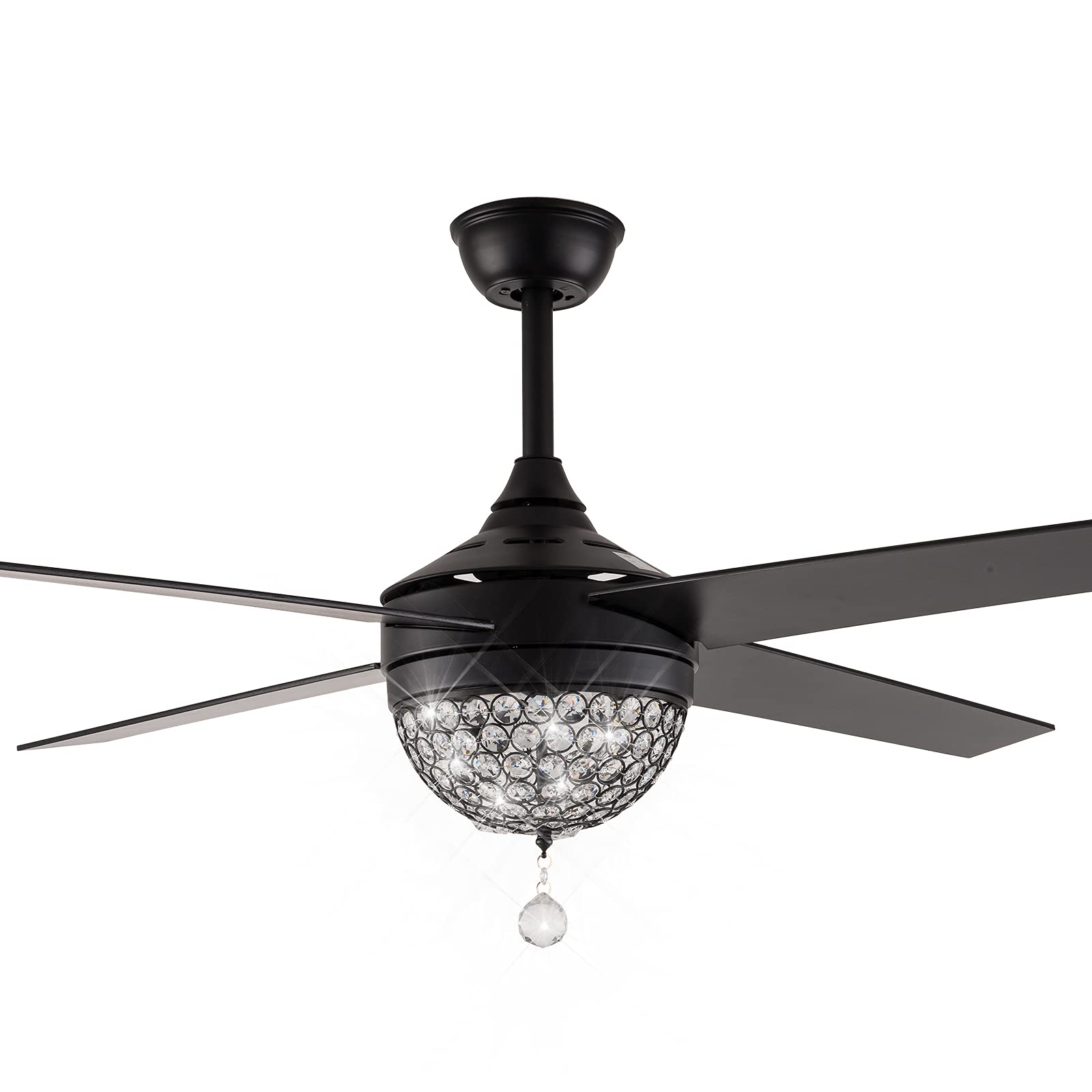42 Inch Black Ceiling Fan with Lights and Remote Control - Industrial Crystal Chandelier Fan Light Kit - Smart Farmhouse Indoor Ceiling Fan with 4 Wood Blades & 3-Color LED Fandelier - Perfect for Living Room, Bedroom, Dining Room and Office Spaces