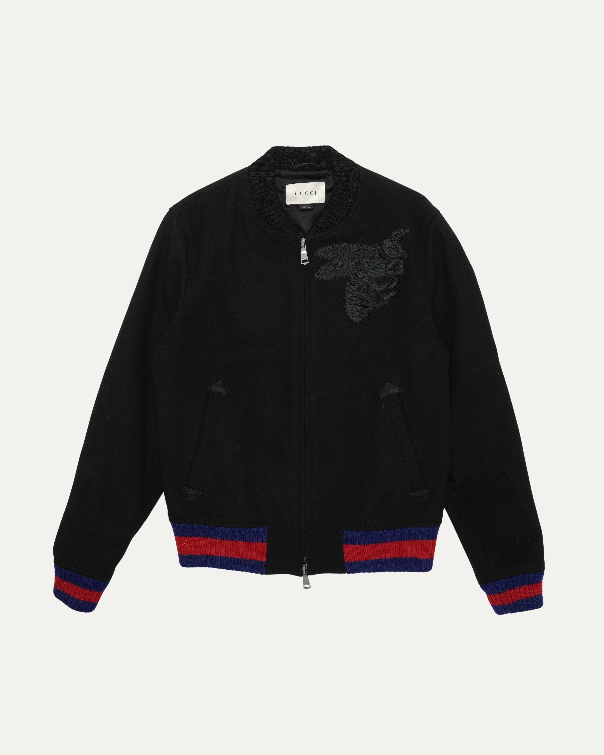 Bee Appliqué Wool Bomber Jacket for Women - Vintage Style Warm Winter Coat - Casual Outerwear for Fall & Winter Fashion