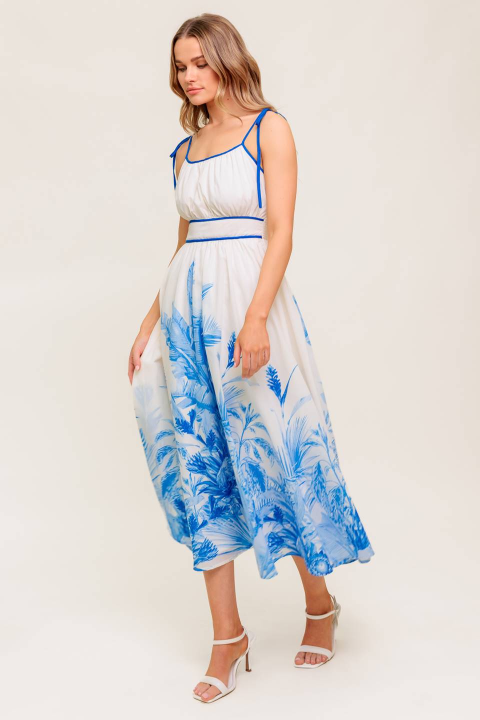 GARDENIA BLUE MIDI DRESS - Ivory & Blue Floral Print Summer Dress for Women, Perfect for Beach Vacation, Garden Party and Casual Outings
