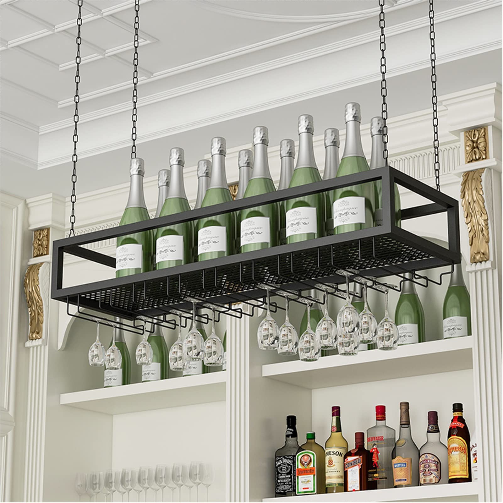 Ceiling Hanging Wine Rack - Metal Floating Storage Organizer for Wine Bottles & Stemware Glasses (140x25x20cm) - Perfect for Kitchen, Bar, Under Cabinet, Dining Room & Home Decor