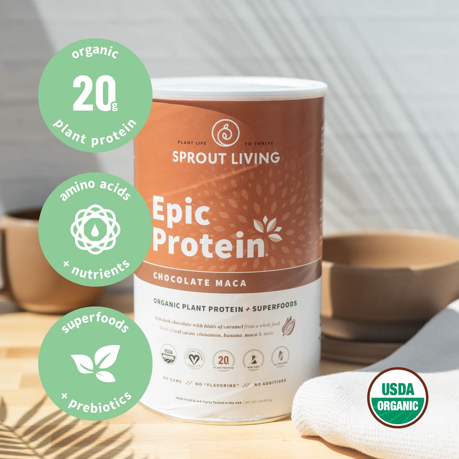 Sprout Living Epic Protein Bundle - Chocolate Maca & Vanilla Lucuma (20g Organic Plant-Based Vegan Protein Powder, Gluten Free, Superfoods) | 2lb, 24 Servings for Smoothies, Baking & Post-Workout Recovery