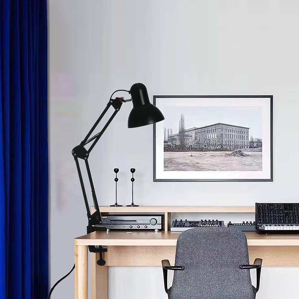 LED Desk Lamp with Clamp - Adjustable Swing Arm Task Light with 6500K Cool White Bulb - Foldable Office Lamp for Studying, Reading, Computer Work & Eye Protection (Black) - Perfect for Home Office, Dorm Room & Workspace Lighting