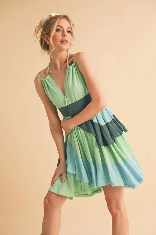 Stylish Green Ruffled Sleeveless Mini Dress for Women - Perfect for Beach Vacation, Summer Party & Resort Wear