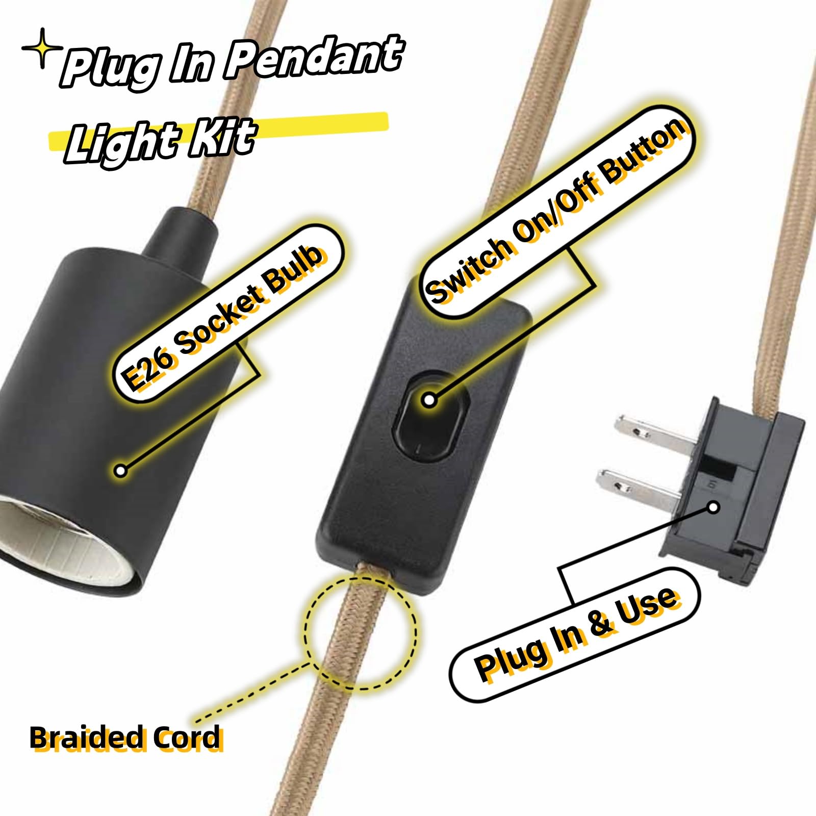WISBEAM Plug in Pendant Lighting Kit - 3 Pack Hanging Lights with 15ft Cord & On/Off Switch (Bulbs Not Included) - Perfect for Kitchen Island, Dining Room, Bedroom & Living Room Decor