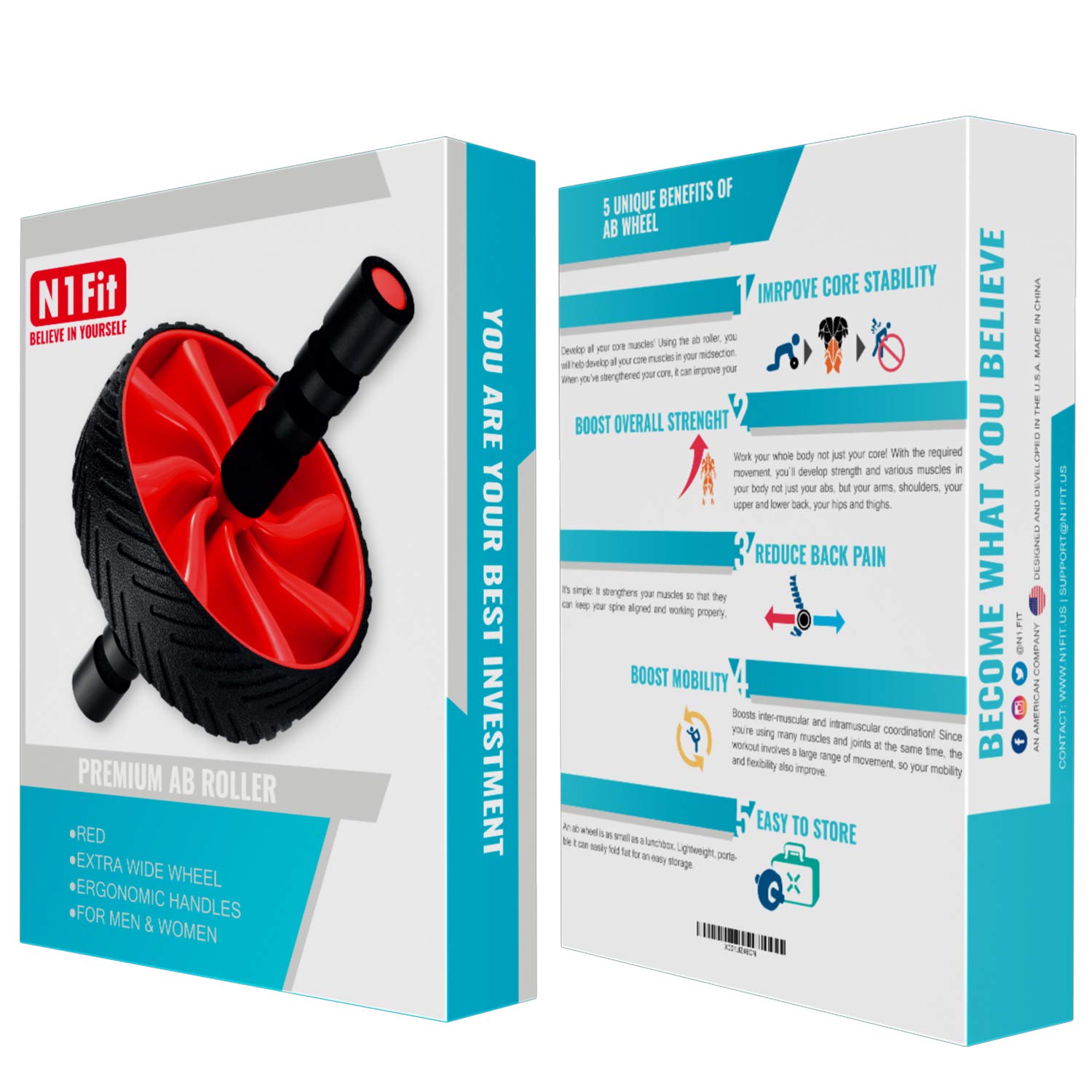 N1Fit Ab Roller Wheel - Heavy Duty Core Workout Equipment for Home Gym - Abdominal Muscle Toner for Men & Women - Perfect for Strength Training & Home Fitness Routines