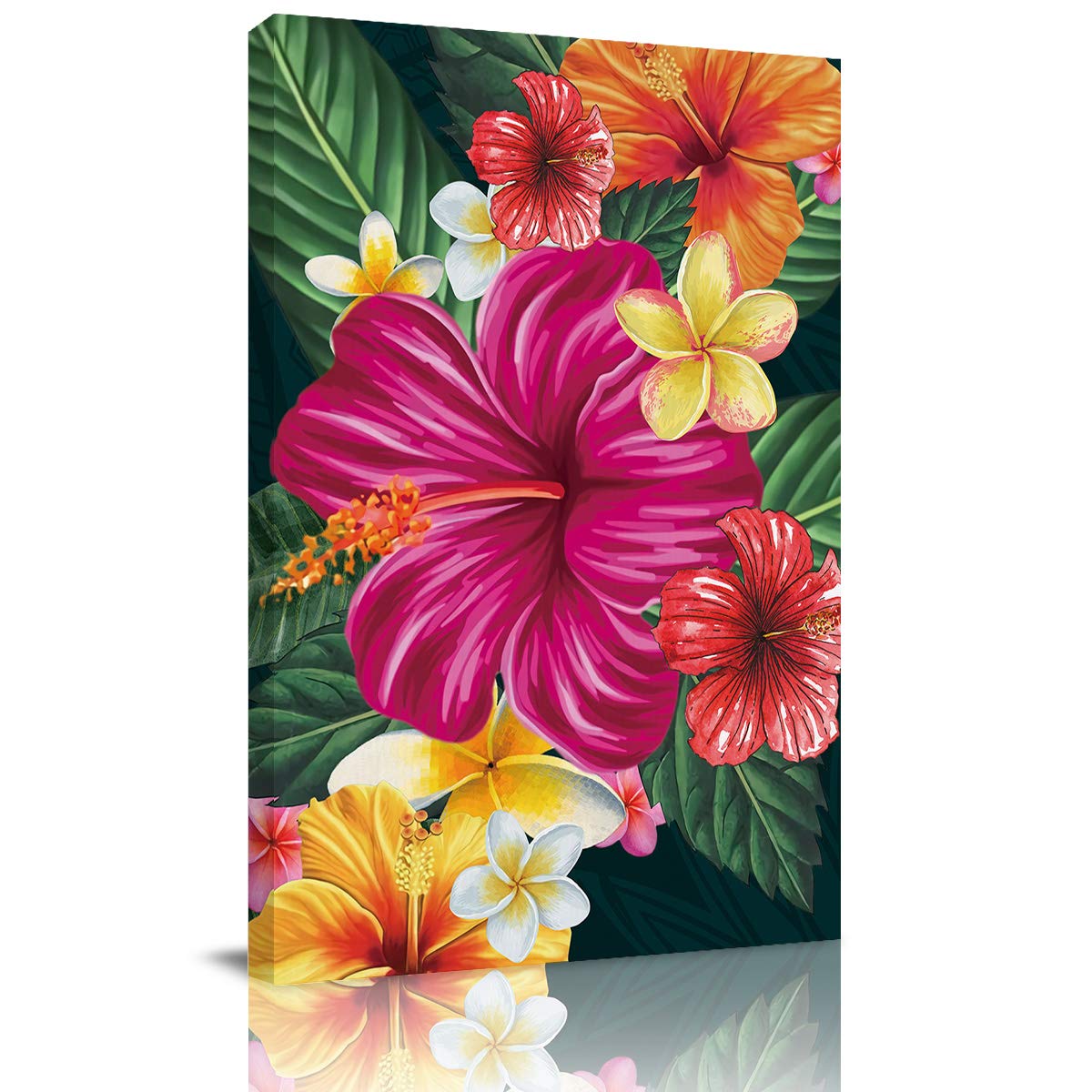 Greeeen Canvas Wall Art Flower - Hibiscus Plumeria Rubra Framed Painting, Stretched Ready to Hang for Living Room, Bedroom, Kitchen, Office Decor - 24