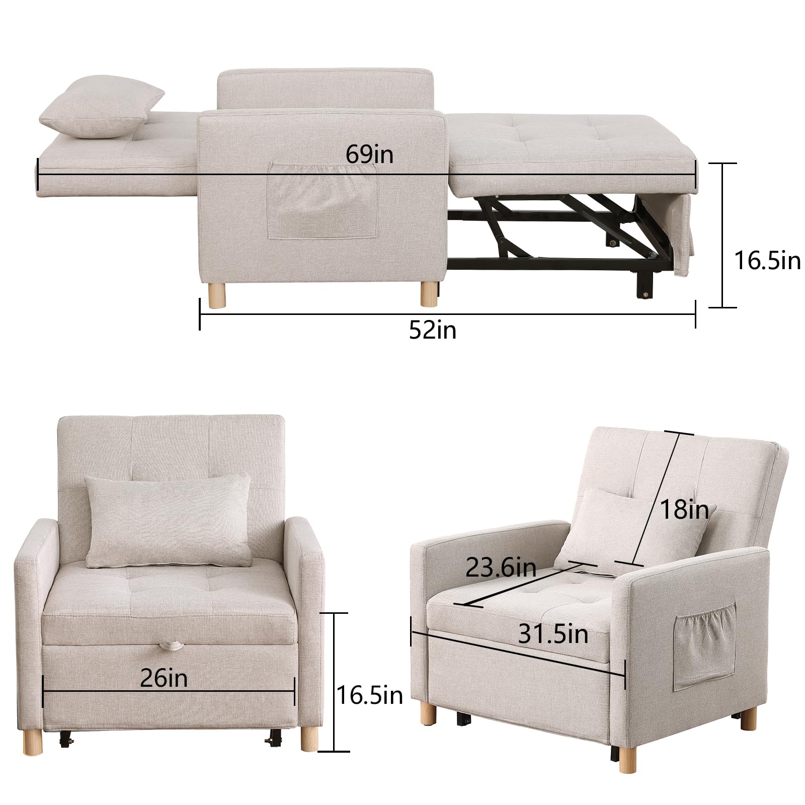 3-in-1 Convertible Tufted Sofa Bed Chair - Adjustable Backrest Single Sleeper with Cushion for Living Room, Office & Small Spaces | Comfortable Guest Bed & Lounge Chair (Beige) - Perfect for Apartments, Dorms & Home Offices
