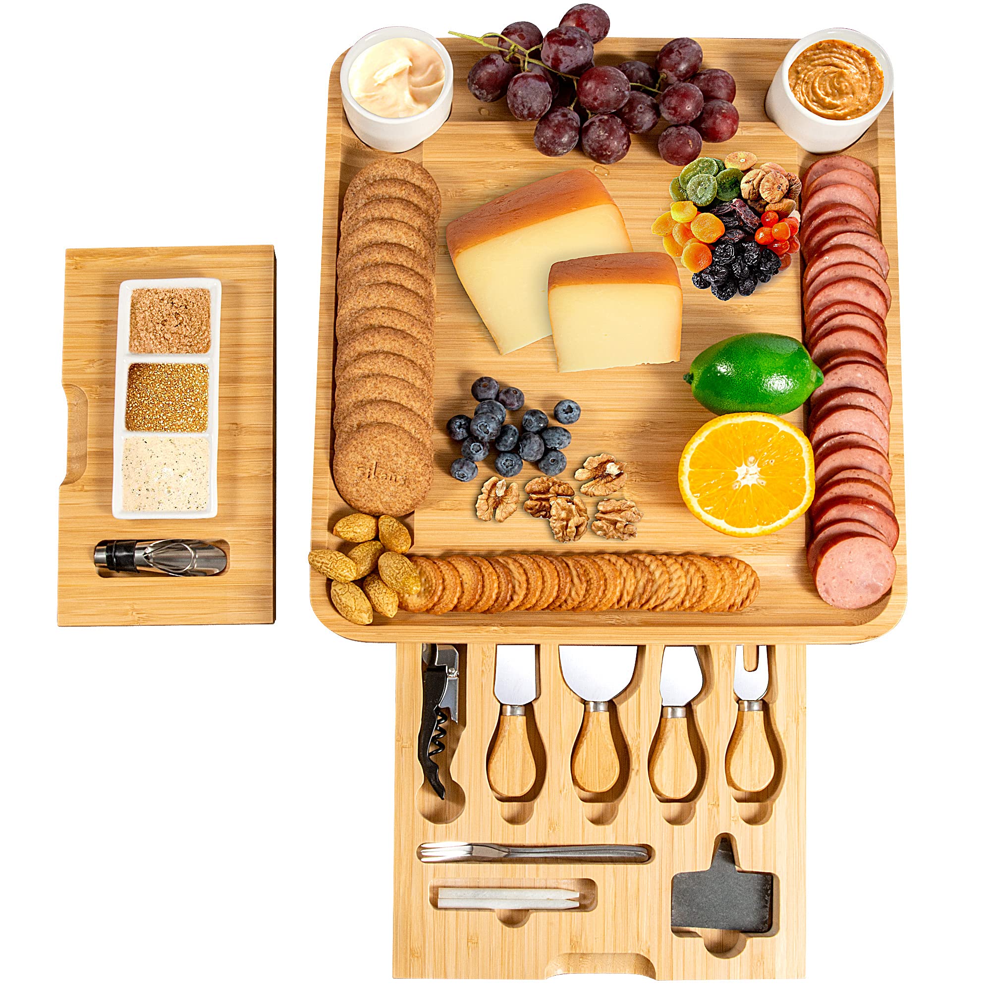 Bamboo Cheese Board with Stainless Steel Knife - Charcuterie Platter & Serving Tray with 2 Removable Drawers & Ceramic Bowls - Perfect for Wine, Crackers, Brie, Meat - Ideal Housewarming Gift for Entertaining, Parties & Holiday Gatherings
