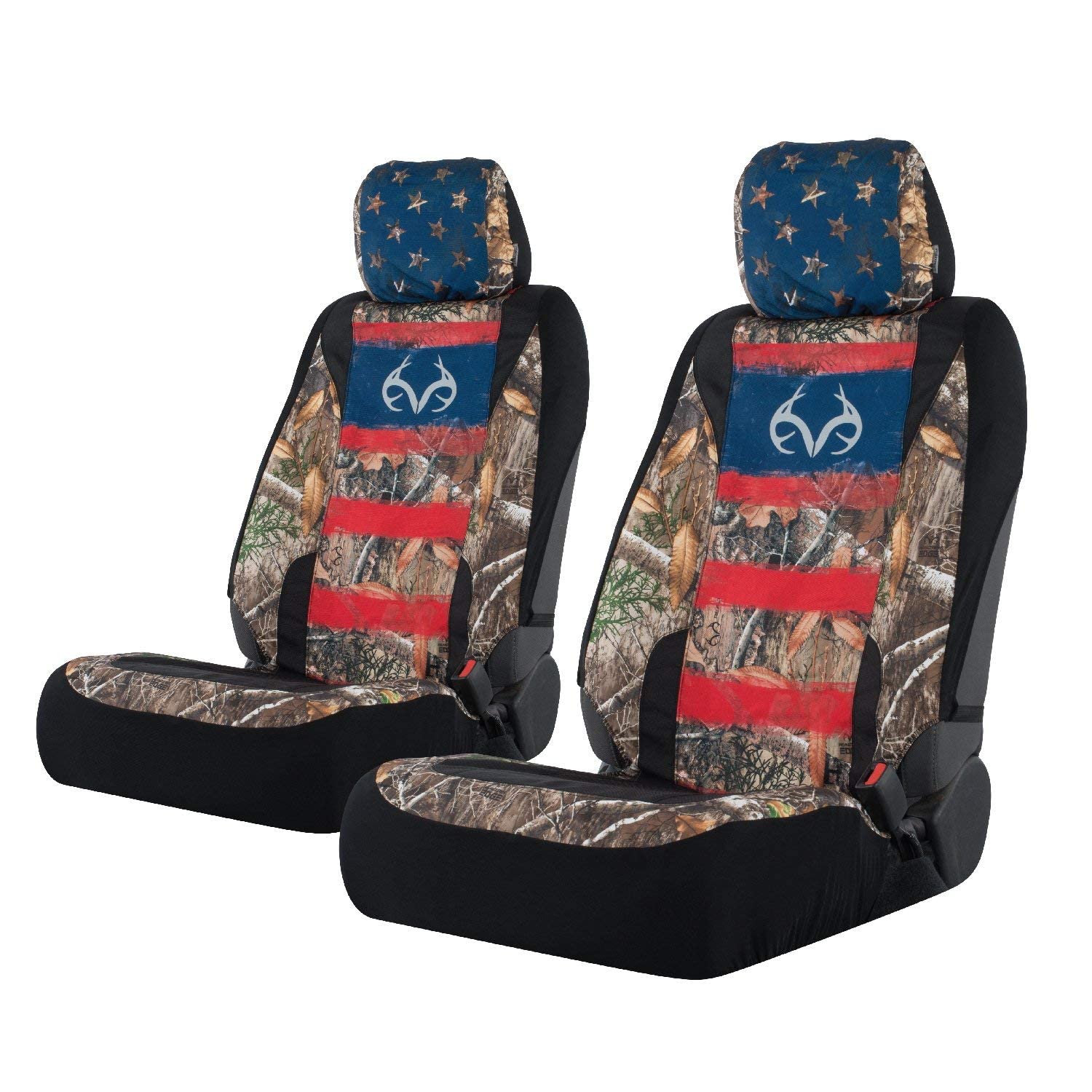 Realtree Camo Americana Flag 3-Piece Waterproof Seat Cover Set for Trucks, Cars & SUVs - 2 Low Back Seat Covers + Steering Wheel Cover | All-Weather Protection for Hunting, Camping & Outdoor Adventures