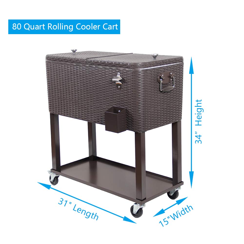 PAZINGA 80QT Outdoor Cooler Cart with Shelf, Bottle Cap Catch Bin & Opener - Brown - Perfect for Backyard BBQs, Tailgating, Camping & Beach Parties