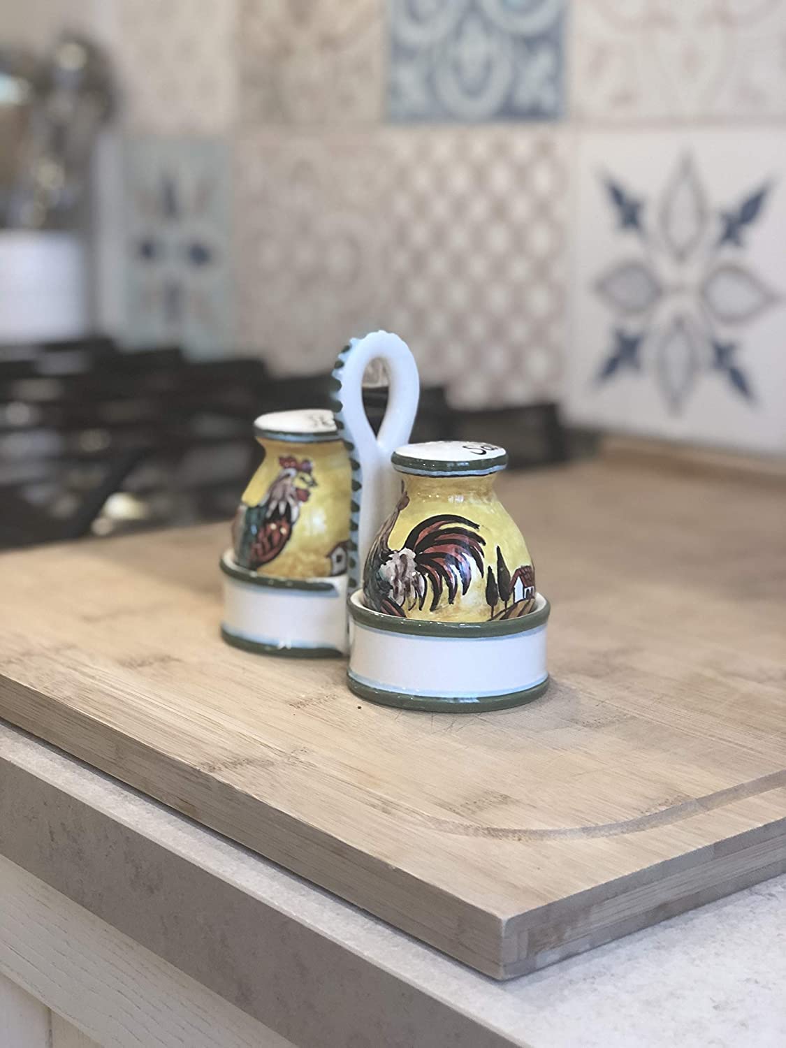 Italian Ceramic Salt and Pepper Shakers Set - Hand Painted Rooster Design Tuscan Florence Art Pottery - Made in Italy - Perfect for Kitchen, Dining Table & Home Decor