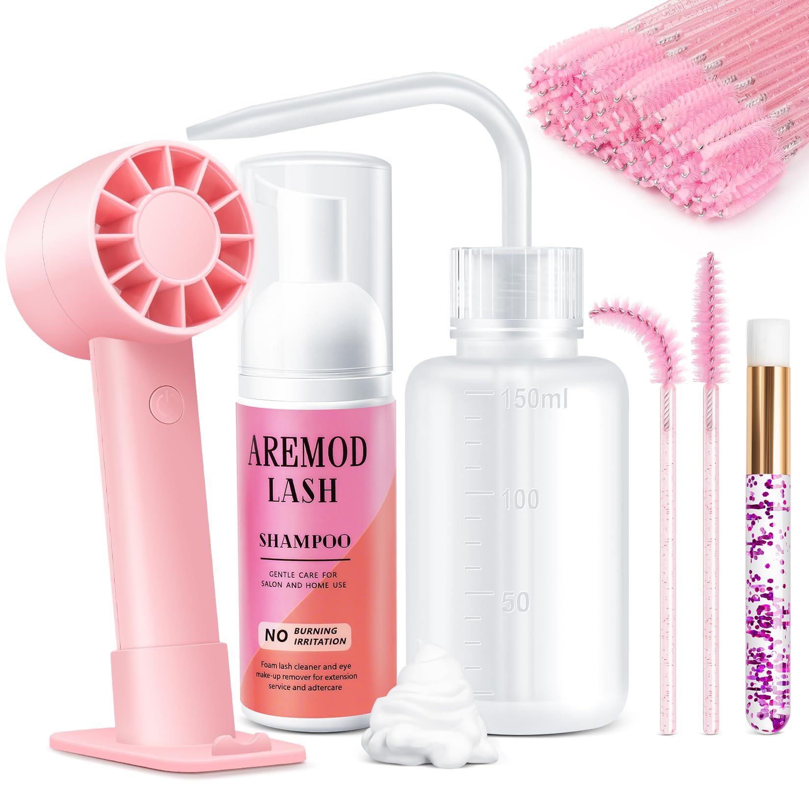 **Professional Lash Shampoo for Eyelash Extensions – 60ML Foaming Cleanser with Lash Fan & Eyelid Brush – Gentle Makeup Remover & Lash Bath Kit (Pink) – Perfect for Salon & Home Lash Care**