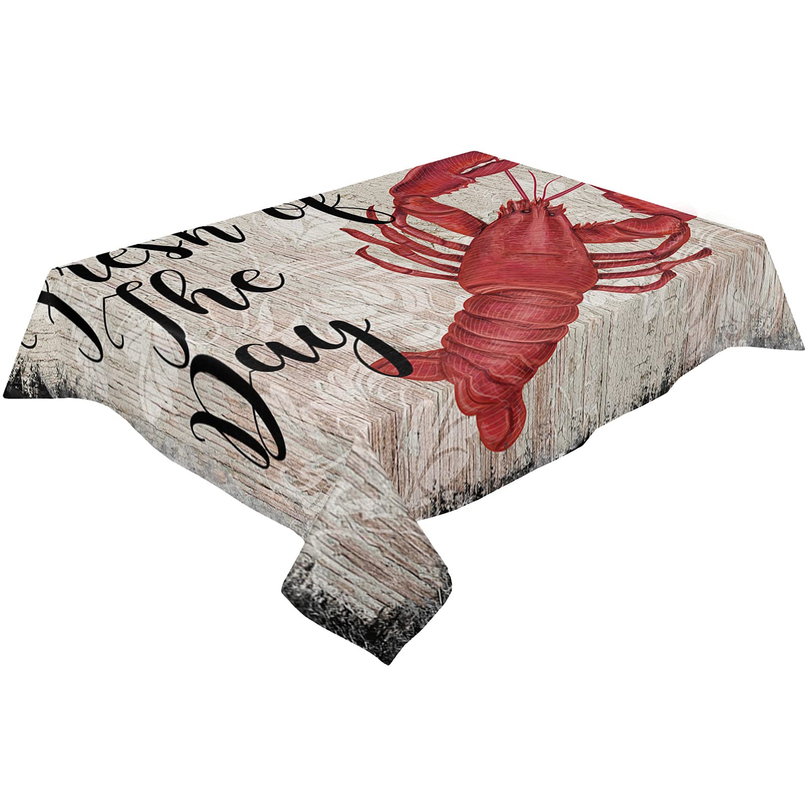 60x84 Inch Waterproof Wipeable Polyester Tablecloth for Rectangle Tables - Rustic Wood Print Kitchen Dining Table Cover for Holiday Parties, Dinner Decor & Everyday Use | Lobster & Fresh of The Day Design