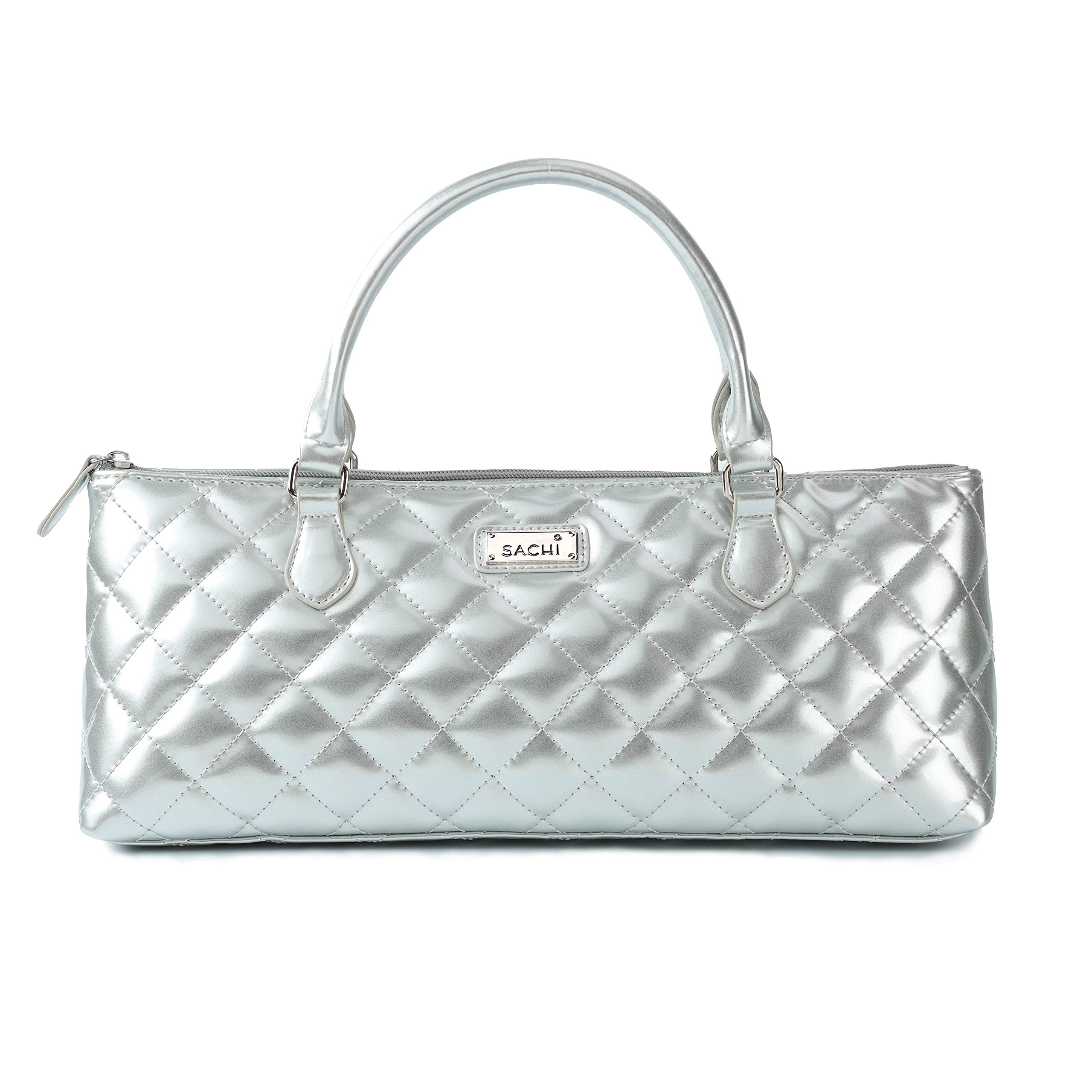 Sachi La Soir'ee Insulated Wine Tote Bag - Faux Leather Quilted Wine Purse & Clutch for Women | Stylish Silver Wine Carrier Cooler Bag for Parties, Picnics & Gifts