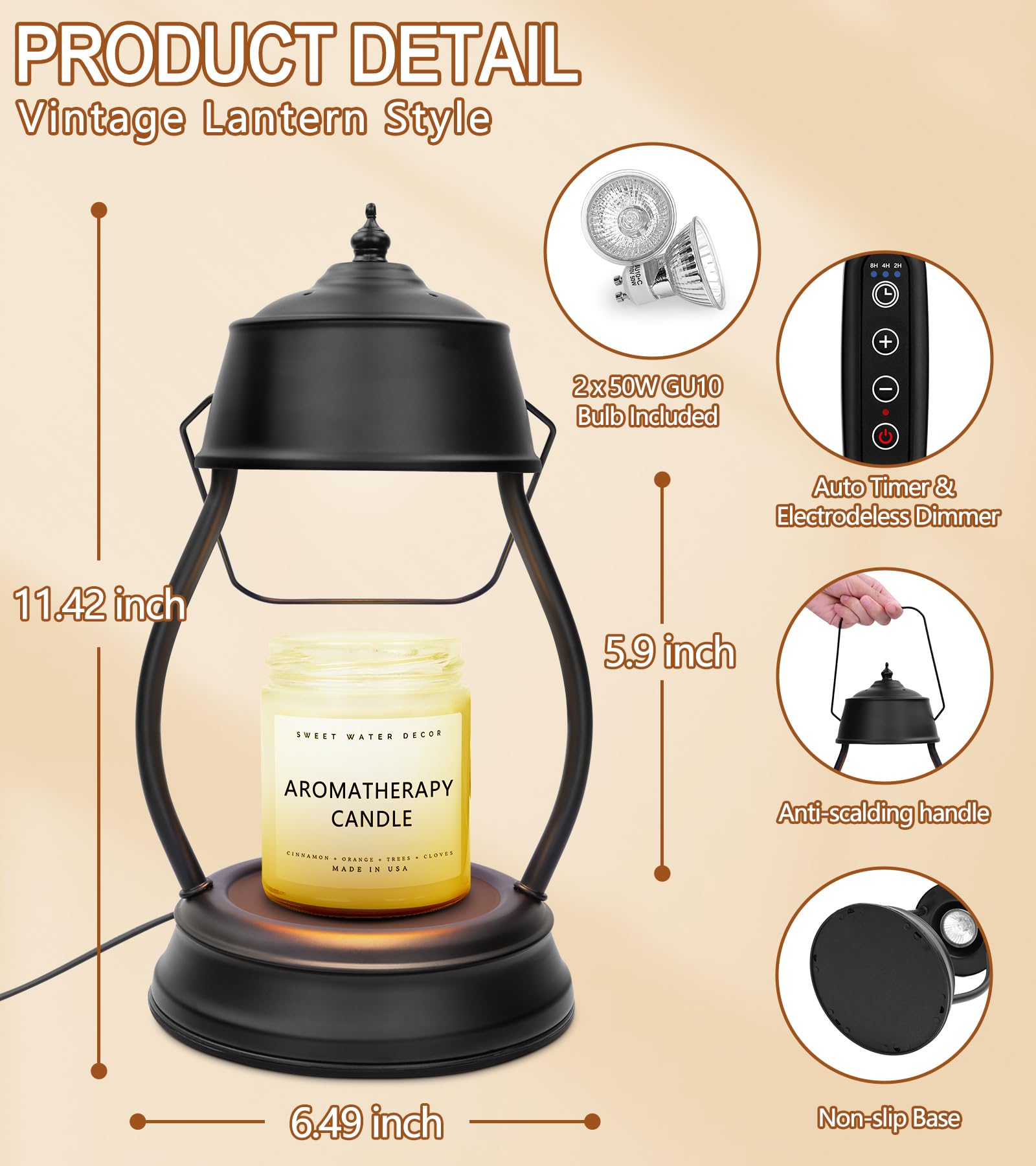 Dimmable Candle Warmer Lamp with Timer - Black Lantern Style for Home Decor | Perfect Mothers Day, Birthday & Housewarming Gift for Women | Creates Cozy Ambience in Bedroom, Living Room & New Homes