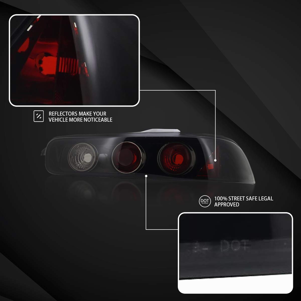 1994-2001 Acura Integra 2Dr LED Tail Lights - Glossy Black Housing with Dark Smoke Lens - Left & Right Pair Assembly - Enhanced Visibility & Style for Night Driving & Car Shows
