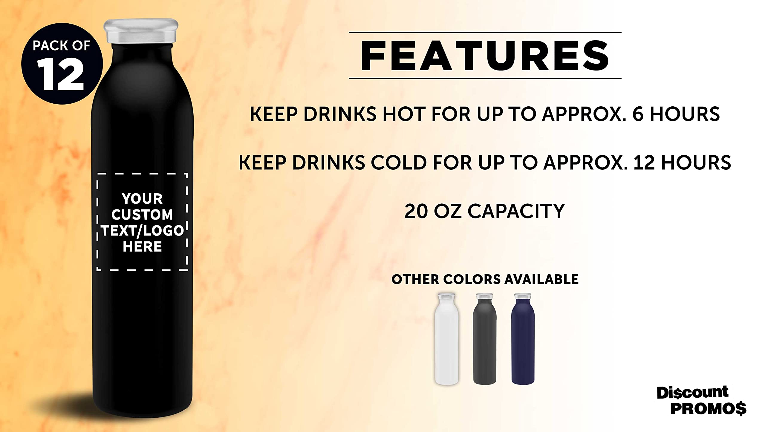 Custom Stainless Steel Water Bottles 20 oz (Set of 12) - Double Wall Vacuum Insulated, Personalized Bulk Pack for Hot & Cold Beverages - Black - Perfect for Office, Gym, Hiking and Outdoor Activities