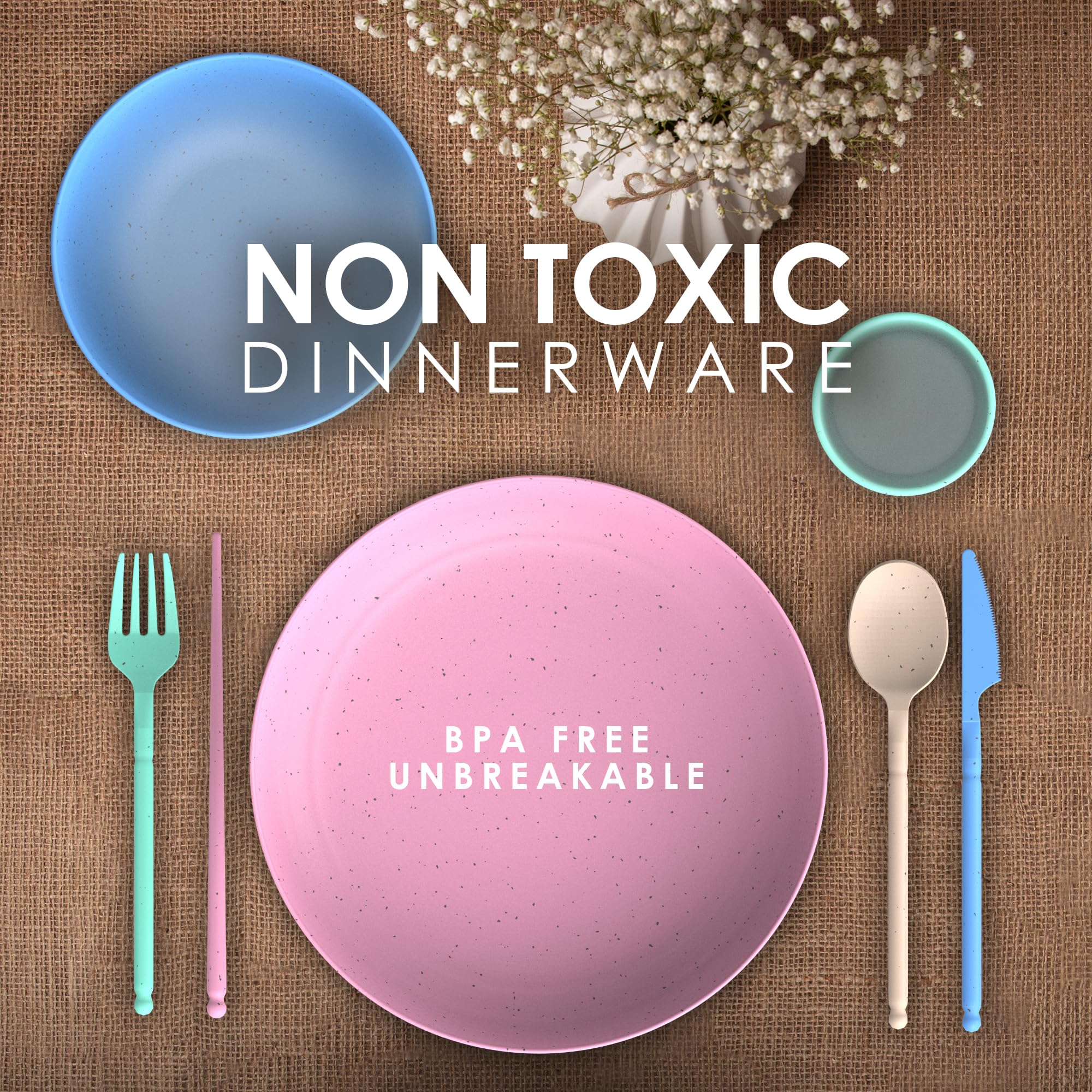 Eco-Friendly Wheat Straw Dinnerware Set for 4 - BPA-Free, Dishwasher & Microwave Safe Plates - Unbreakable, Lightweight Reusable Dishes - Perfect for Camping, RV Travel, Picnics & Everyday Use