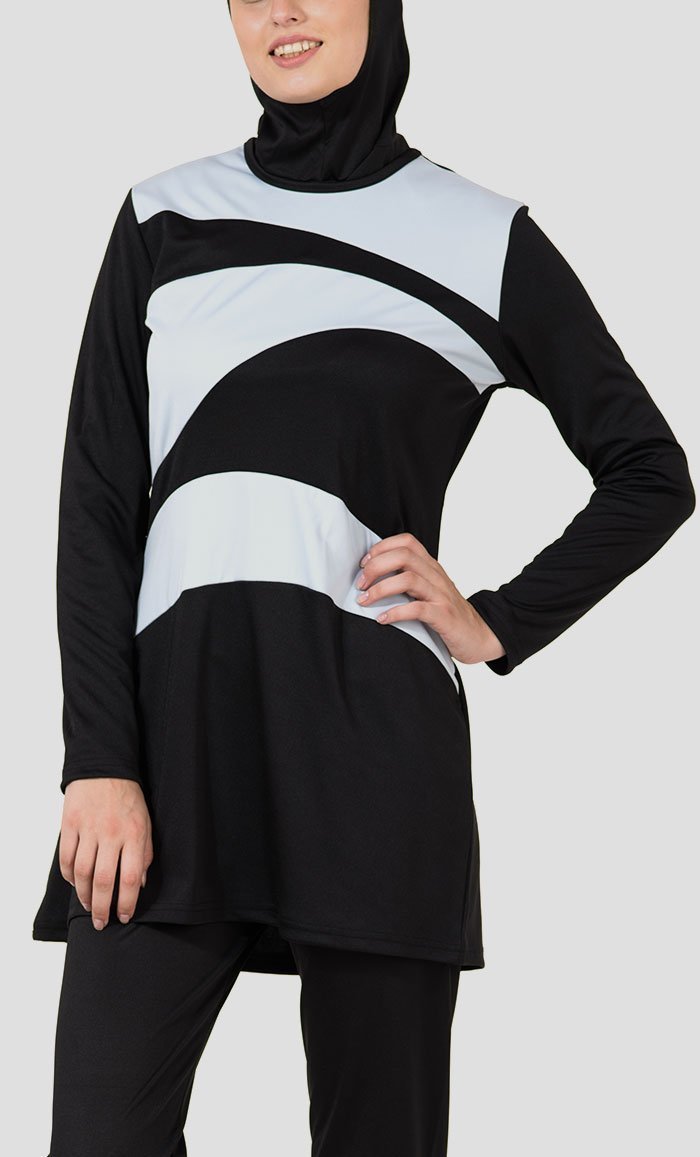 Stylish Grey Wavy Panel Burkini Swimwear Set - 3 Piece Modest Swimwear for Women | Perfect for Beach, Pool & Water Sports