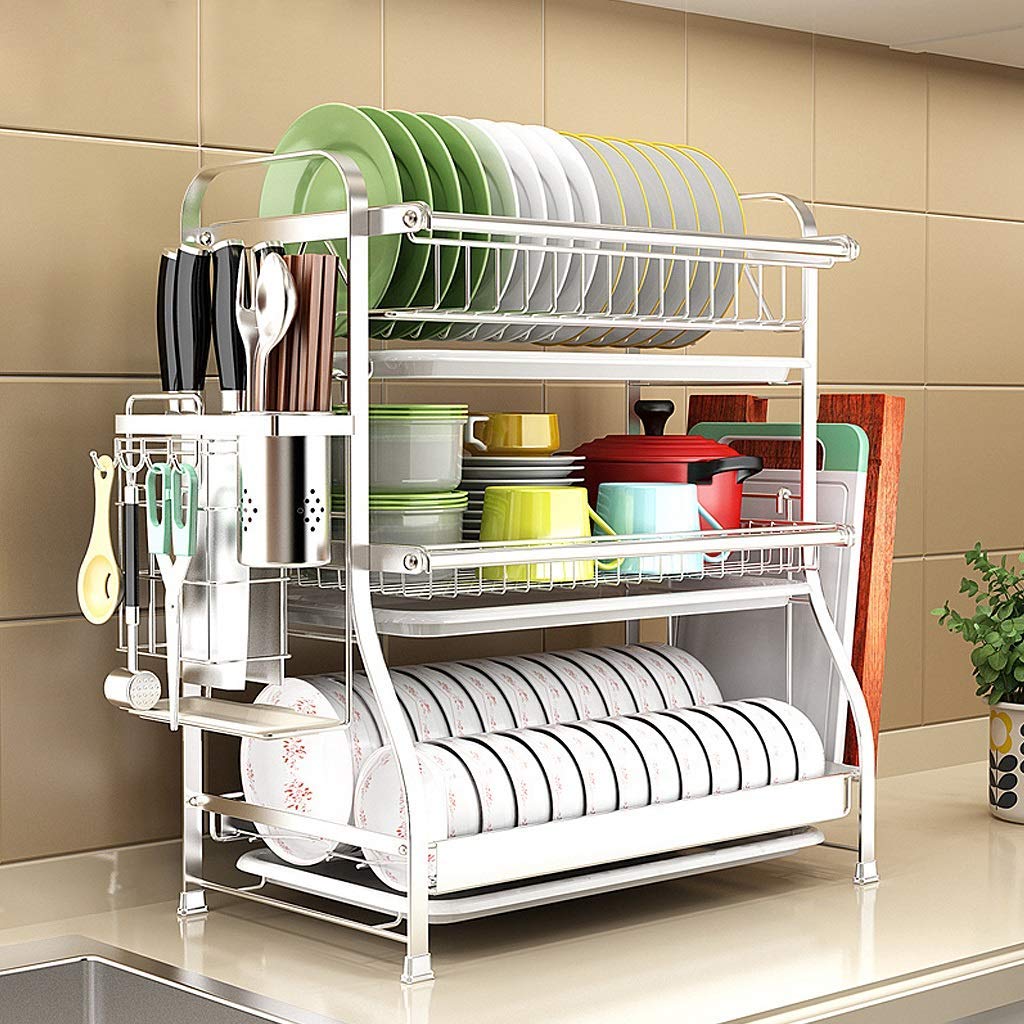 MKJLSD 3-Tier Stainless Steel Dish Drying Rack with Cutlery Holder - 30 x 54 x 62cm Kitchen Sink Organizer for Washing, Draining & Storage - Perfect for Small Kitchens, Apartments & RV Use