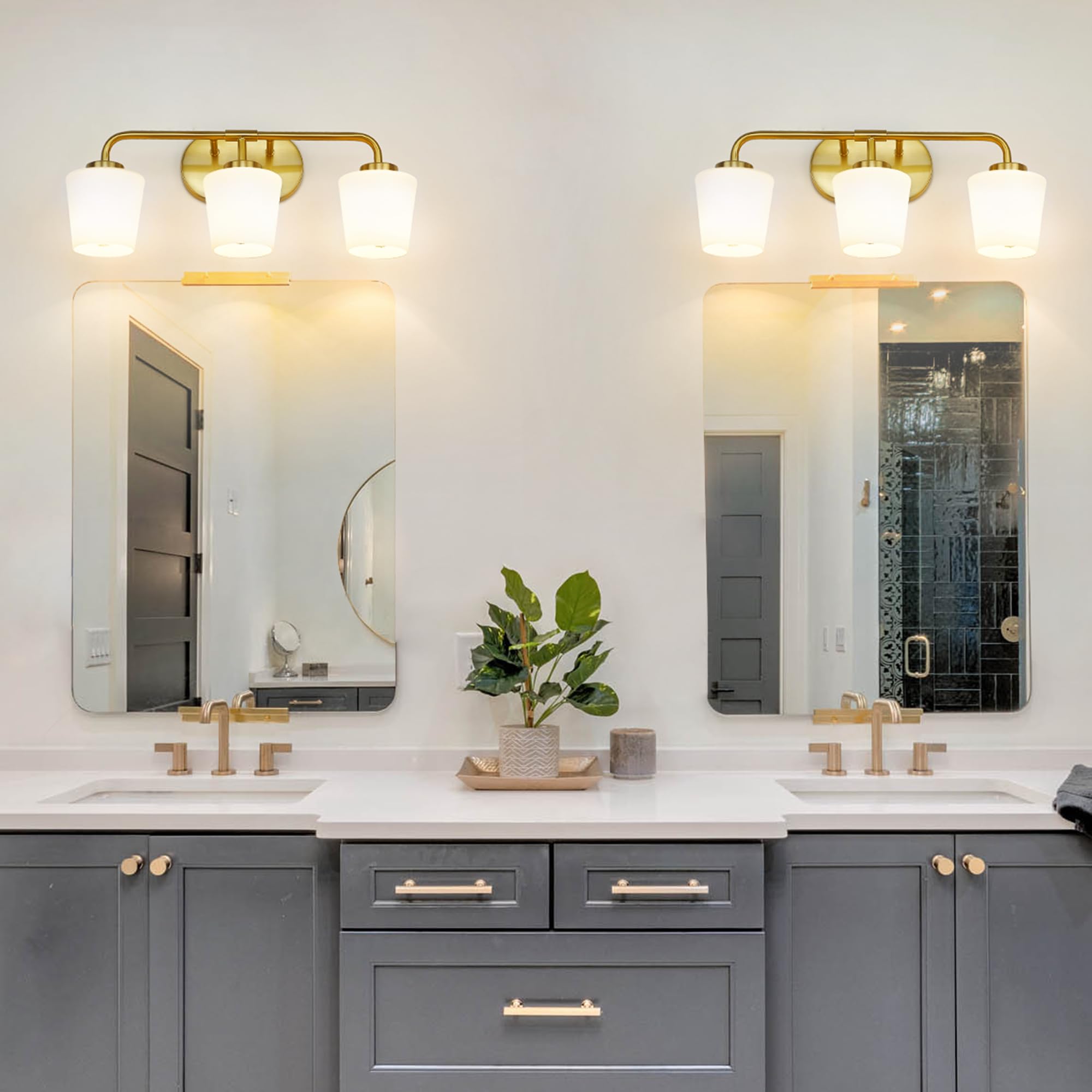 Brushed Gold Bathroom Vanity Light - Farmhouse Brass Wall Sconce with Milk White Glass Shades, 3-Light Champagne Bronze Fixture for Mirror Lighting (AD-22004-3W-GD) - Perfect for Bathroom, Powder Room, and Farmhouse Decor