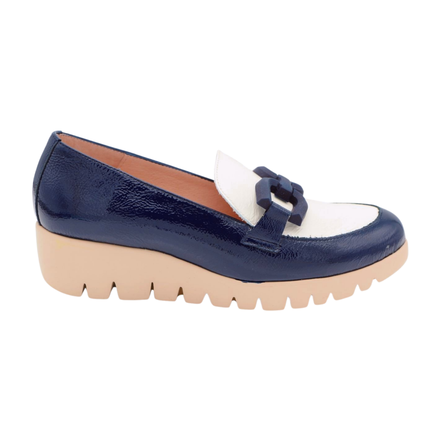 WONDERS C 33311 Navy Patent Leather Wedge Heels with Cream Trim and Navy Buckle - Perfect for Office, Parties, and Casual Outings