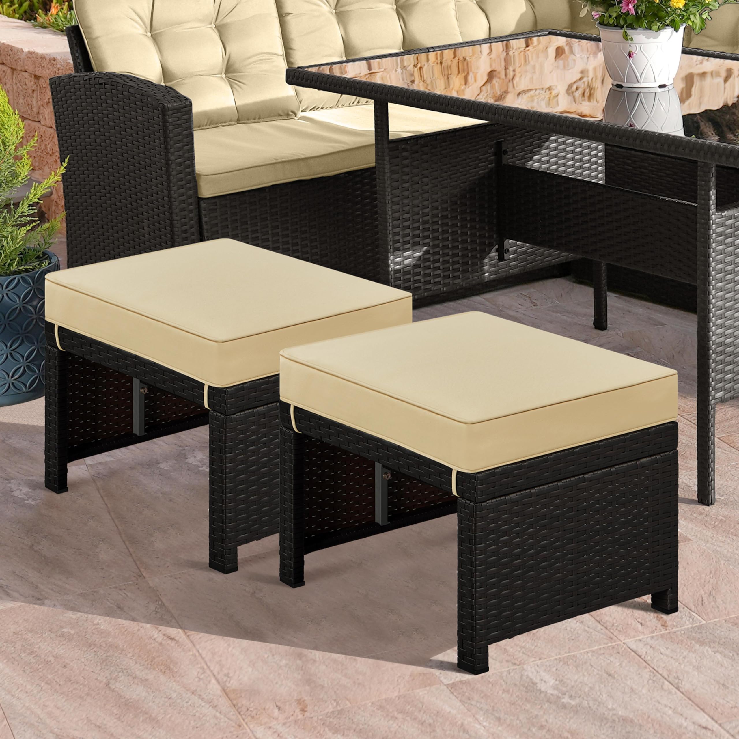 Yaheetech 2-Piece Wicker Ottoman Set with Removable Cushions - PE Rattan Footrest & Side Table for Outdoor Patio, Backyard, Garden - Brown/Khaki Multipurpose Seating Furniture | Perfect for Relaxing, Entertaining & Extra Seating