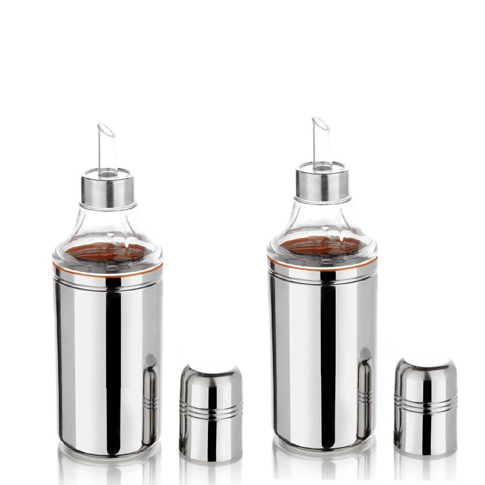 REVV UP 250ml Stainless Steel Oil Dispenser with Leak-Proof Nozzle - Drip-Free Spout for Kitchen, Salad Dressing & Cooking Oil - Pack of 2 Oil Containers & Pourers