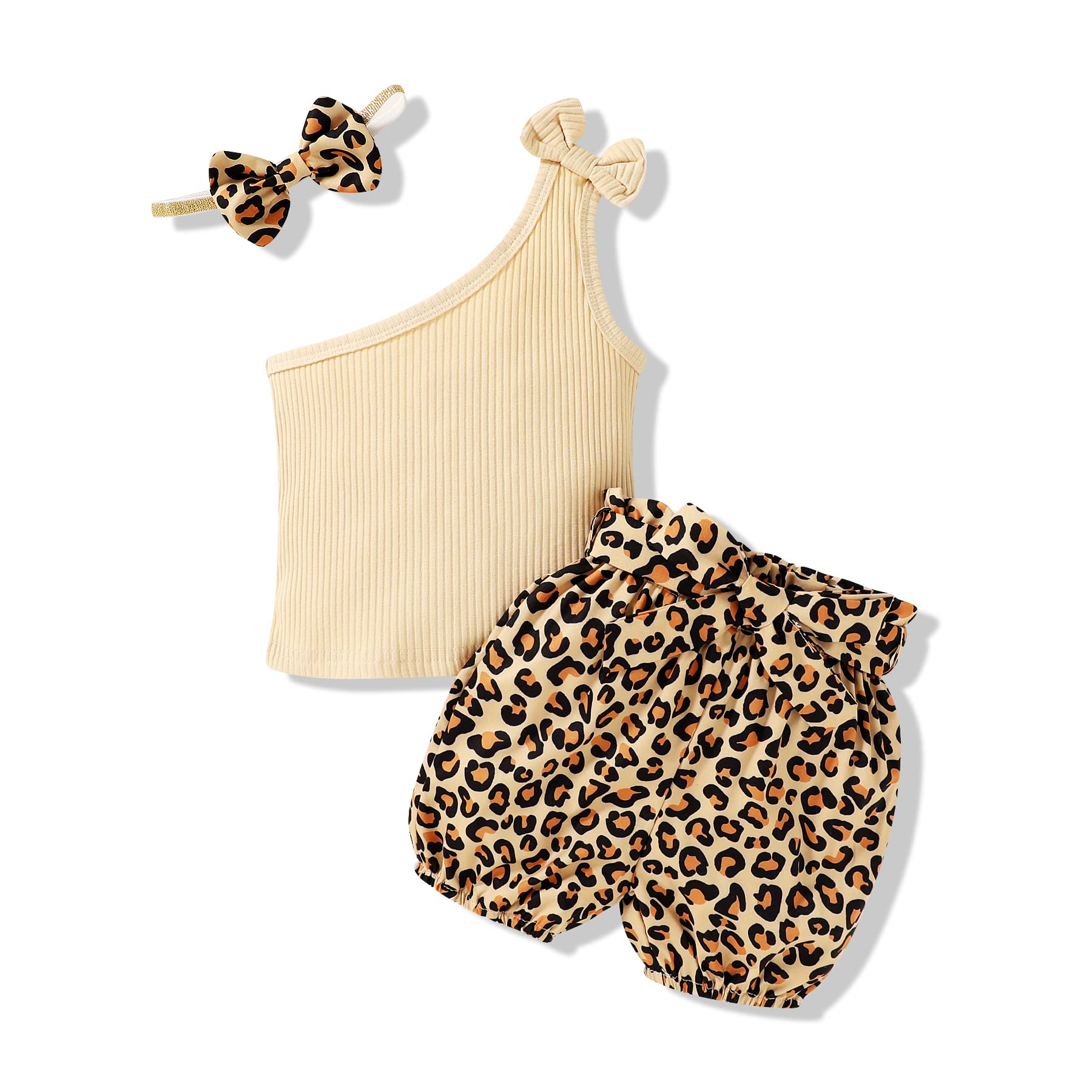 Adorable Toddler Baby Girl Summer Outfit - Bowknot Off-Shoulder Sleeveless Top + Leopard Print Shorts Set with Headband | Perfect for Beach, Playdates & Summer Photoshoots