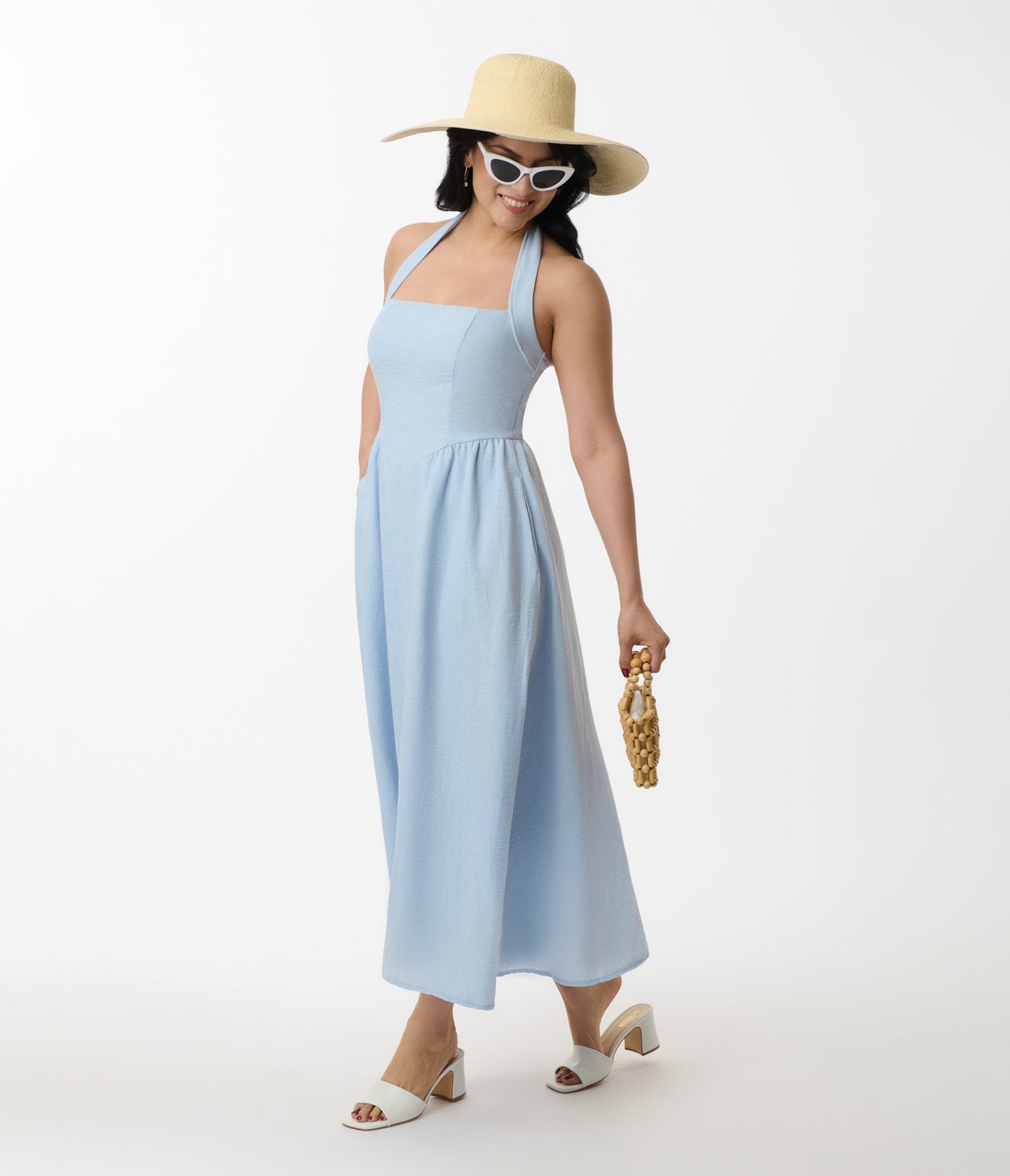 Light Blue Halter A-Line Midi Dress for Women | Summer Beach Party & Wedding Guest Outfit | Flowy Casual Dress with Side Slit