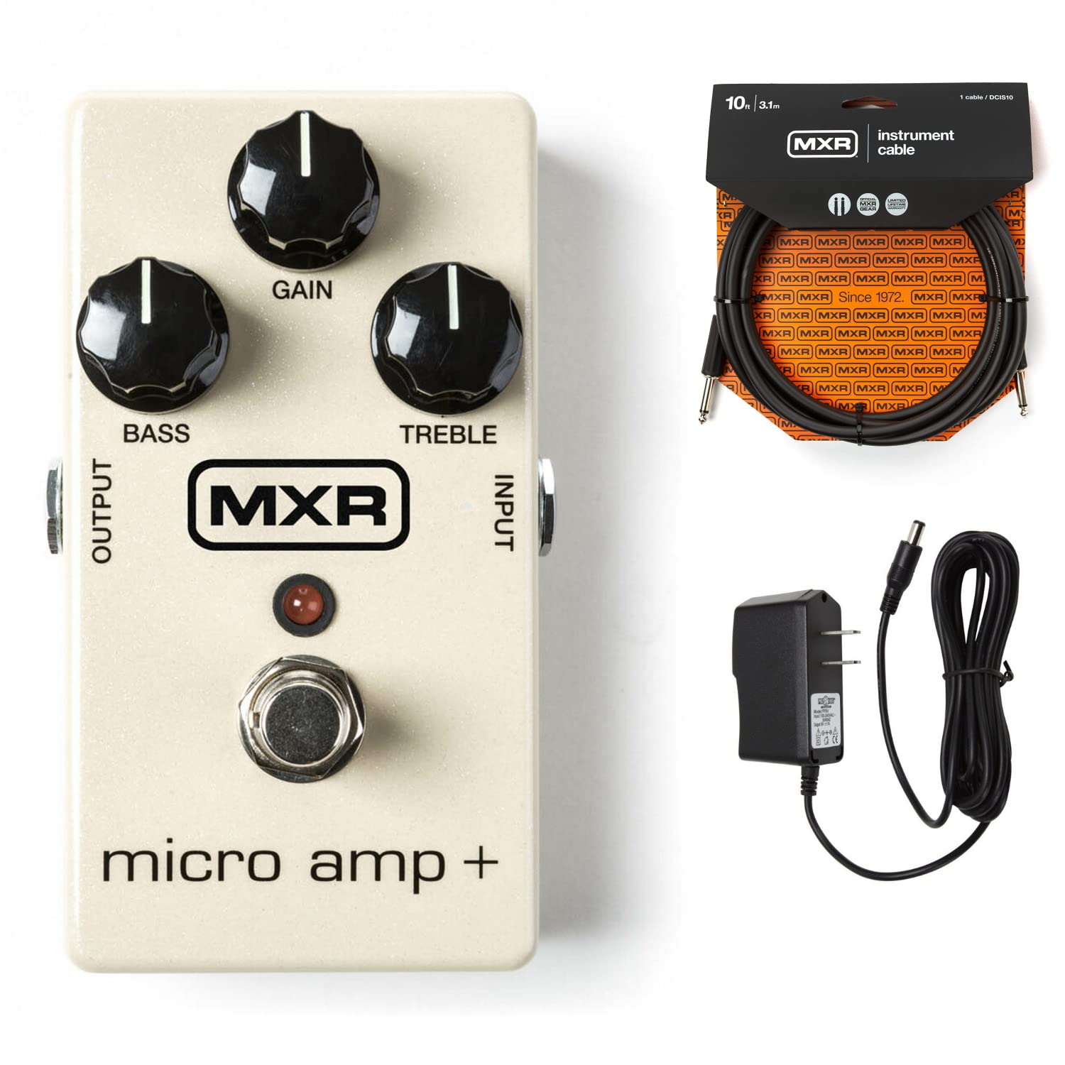 MXR M233 Micro Amp Guitar Effects Pedal Bundle with Instrument Cable & Power Supply - Professional Mini Guitar Amplifier for Electric Bass, Perfect for Home Practice & Stage Performances