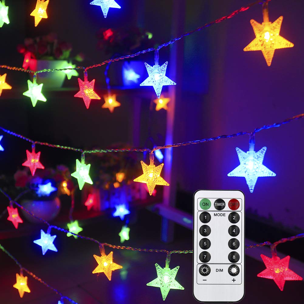 25 ft 50 LED Battery Operated Star String Lights - Waterproof Multicolor Fairy Lights with Remote & 8 Modes for Christmas, Bedroom, Patio, Camping, Birthday Party & Outdoor Décor - Perfect for Umbrellas, Tents, Weddings and Home Decoration