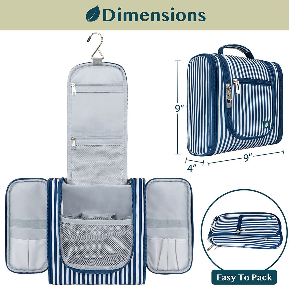PAVILIA Hanging Toiletry Bag for Women & Men - Waterproof Travel Cosmetic Organizer with Large Capacity - Perfect for Makeup, Toiletries & Travel Essentials (Stripe Navy) - Ideal for Airplane, Camping & Gym Use