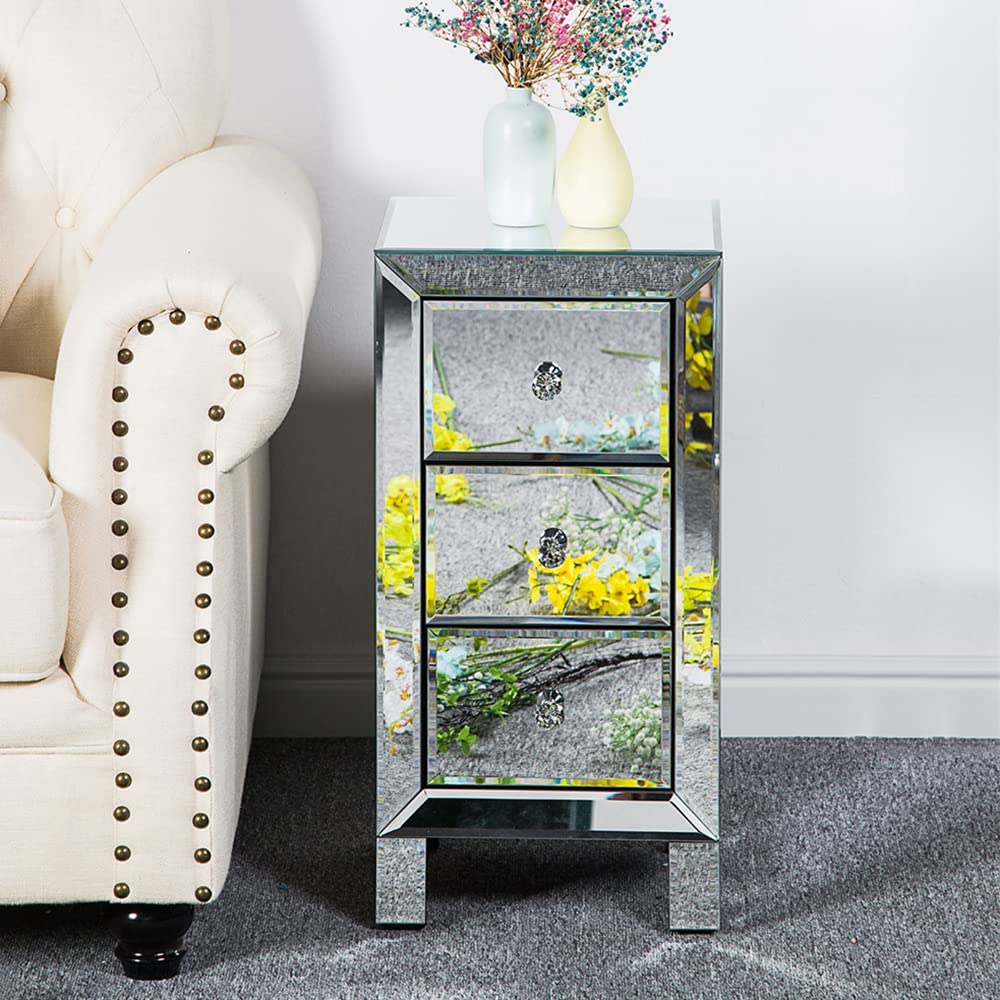 Modern Silver Mirrored Nightstand with 3 Drawers - Bedside Table Cabinet with Mirror, Accent End Table for Bedroom & Living Room - Perfect for Small Spaces, Guest Rooms & Apartment Decor