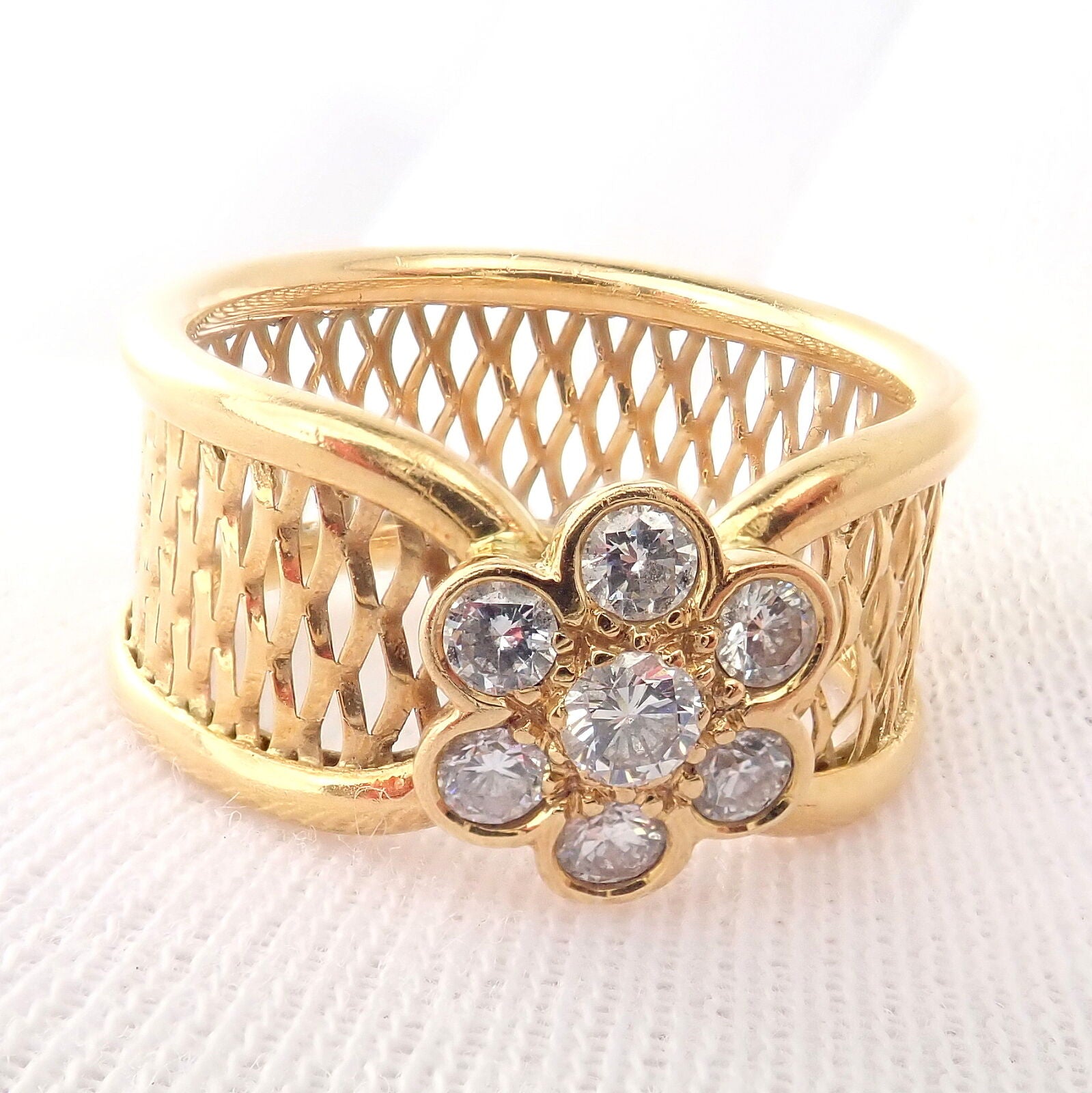 Van Cleef & Arpels 18k Yellow Gold Diamond Fleurette Mesh Ring Size 7 - Luxury Jewelry for Women, Perfect for Weddings, Anniversaries & Special Occasions