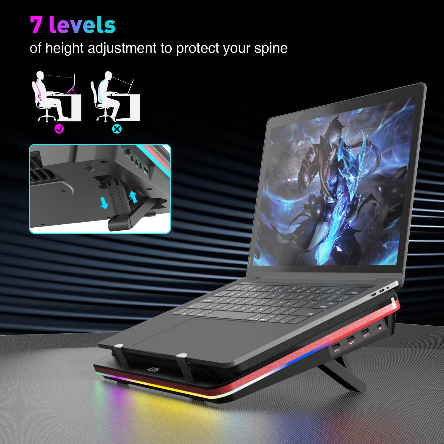 IETS GT500 High-Speed Laptop Cooling Pad with 5000 RPM Turbo Fan, RGB Lighting & 3-Port USB Hub - Adjustable Speed for 13-17.3 Inch Gaming Laptops - Perfect for Intense Gaming, Video Editing & Overheating Prevention