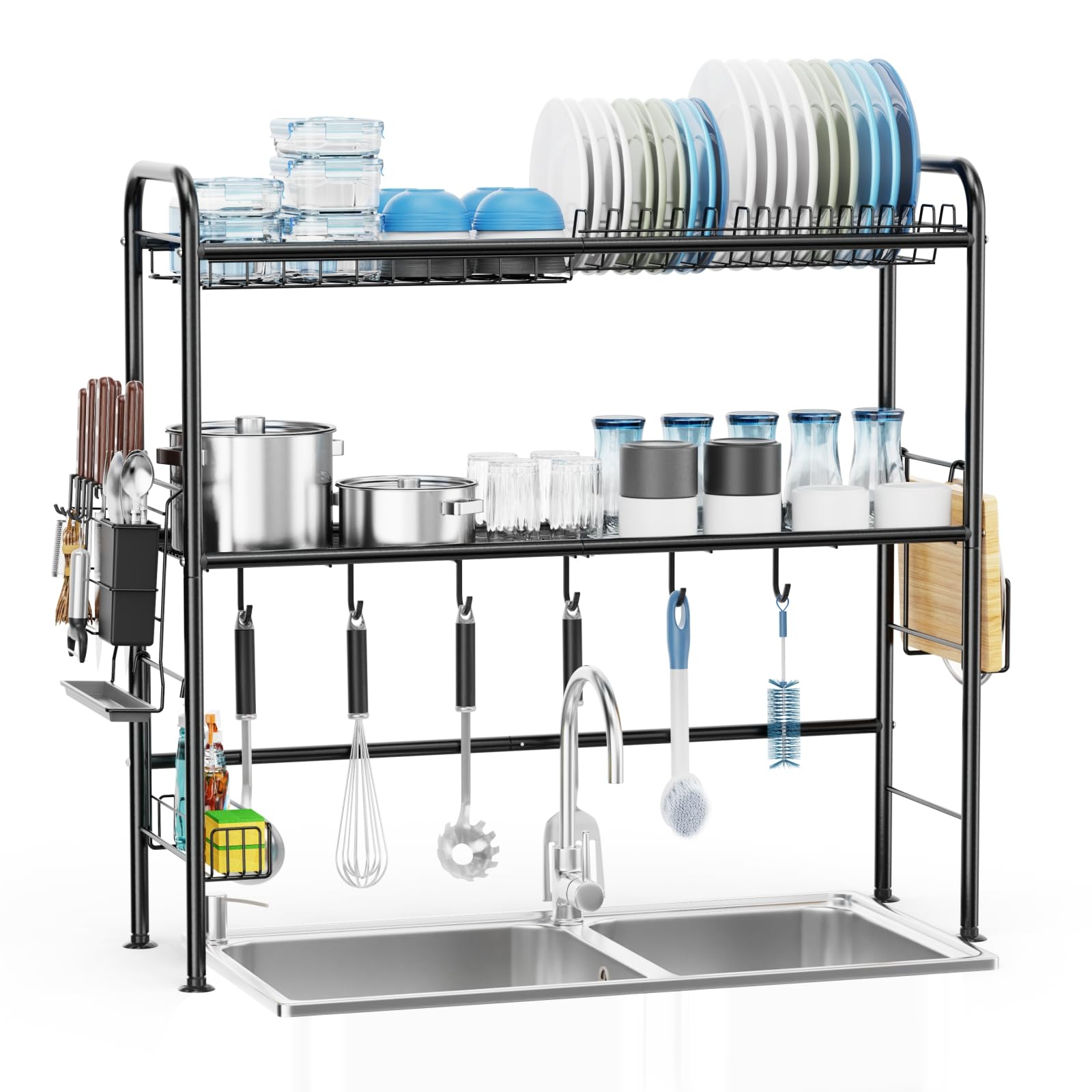 GSlife 2 Tier Over Sink Dish Rack with Utensil Holder - Rustproof Drying Rack for Kitchen Organization - Fits 31.5