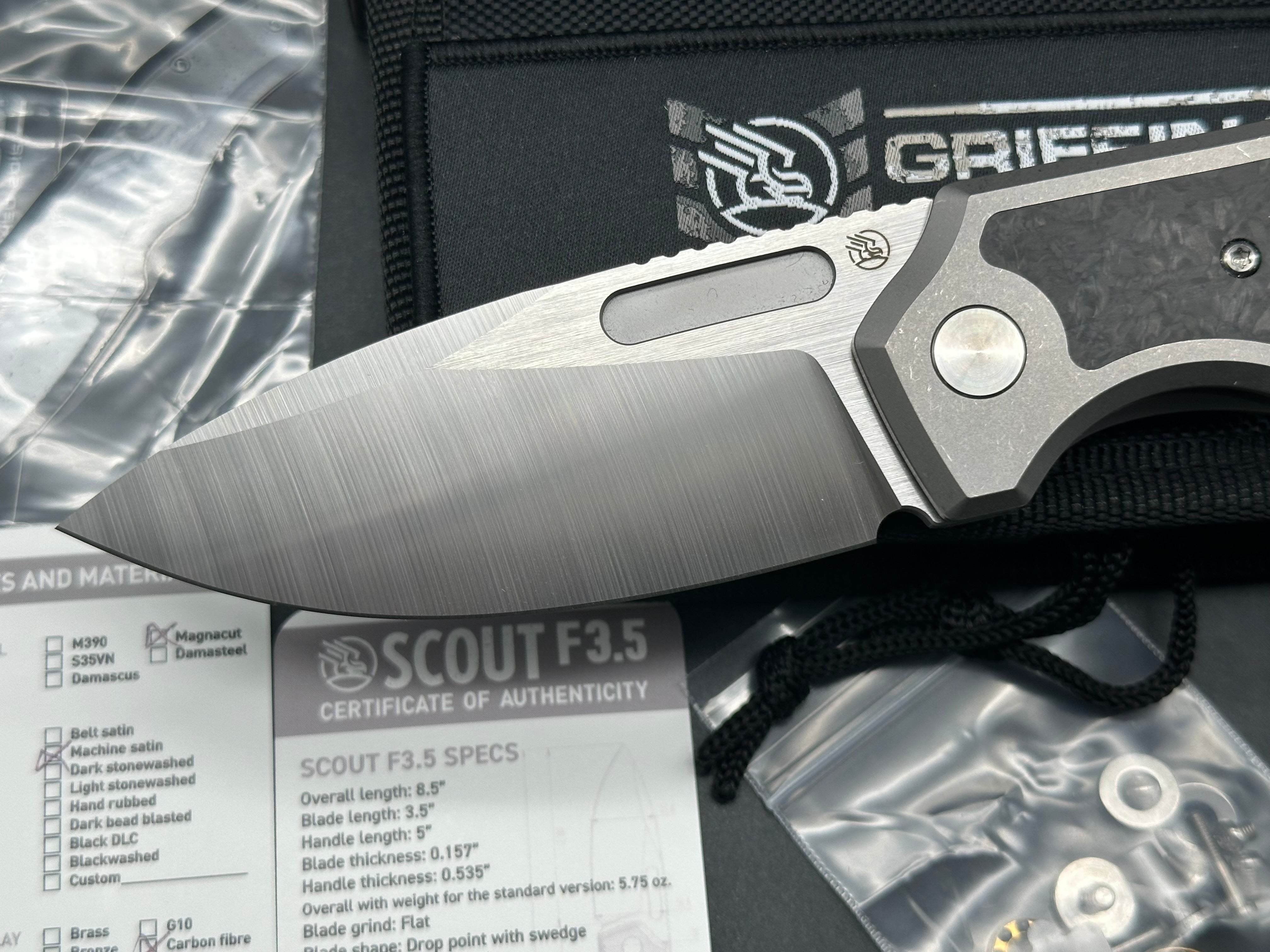 Premium Griffin Scout F3.5 Folding Knife - CPM Magnacut Blade with Satin Finish & Stonewashed Titanium Handles - EDC, Outdoor Survival, Camping, Hunting Gear