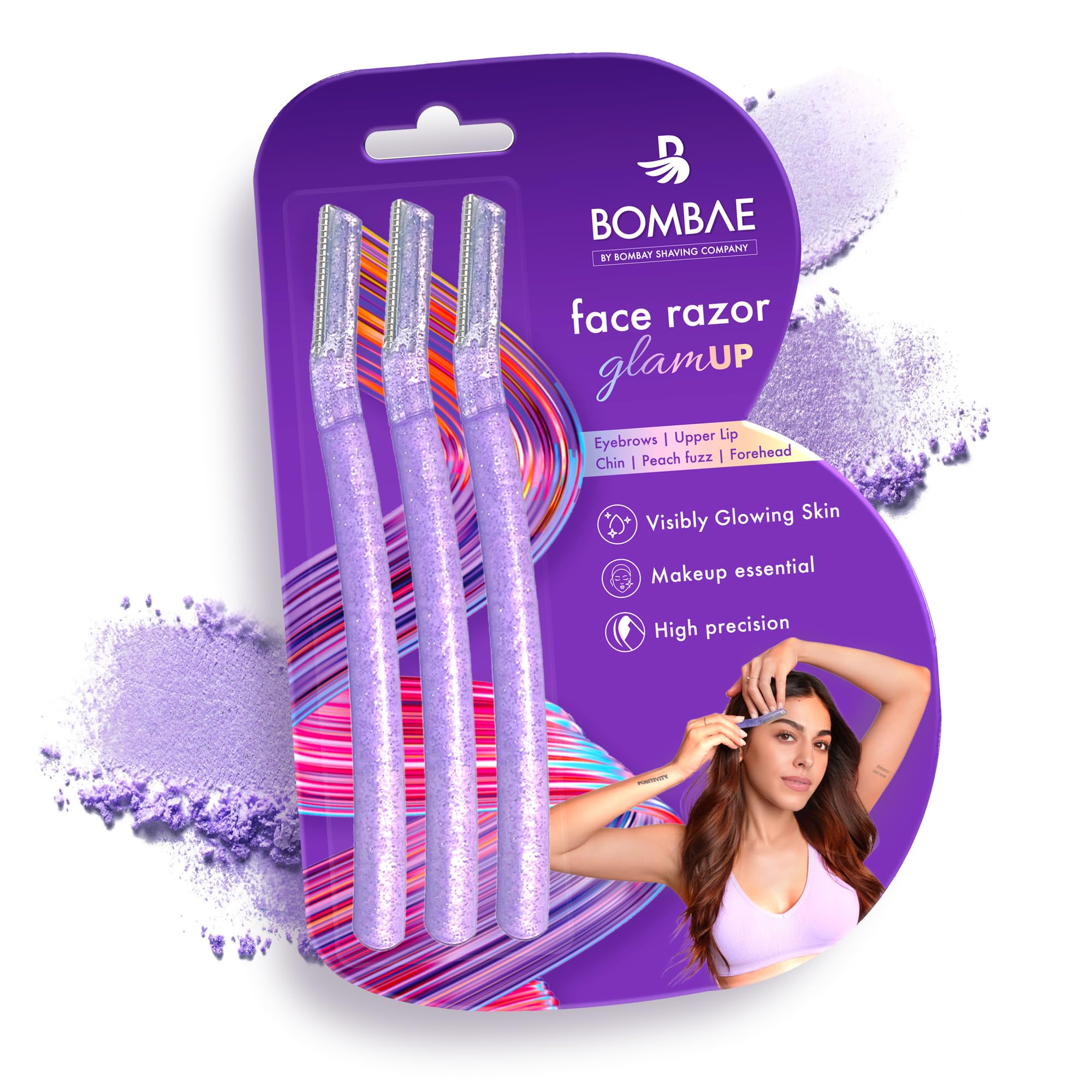 Bombae Glam-up Reusable Beauty Face Razor for Women - 3 Pack | Eyebrows, Upper Lip, Chin, Peach Fuzz Removal | Dermaplaning Tool for Smooth Skin & Flawless Makeup Base | Perfect for Home Spa, Travel & Daily Skincare Routine