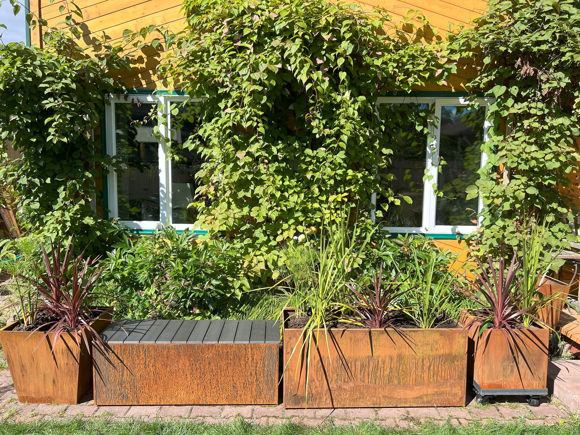 Rustic Corten Steel Planter Bench Trough - Modern Garden Seating with Built-in Planter Box for Outdoor Patio, Deck, or Backyard Decor